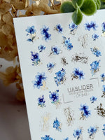 Blue Floral Nail Decals — Watercolor Flowers & Gold Foil | CF-842 - UASLIDER