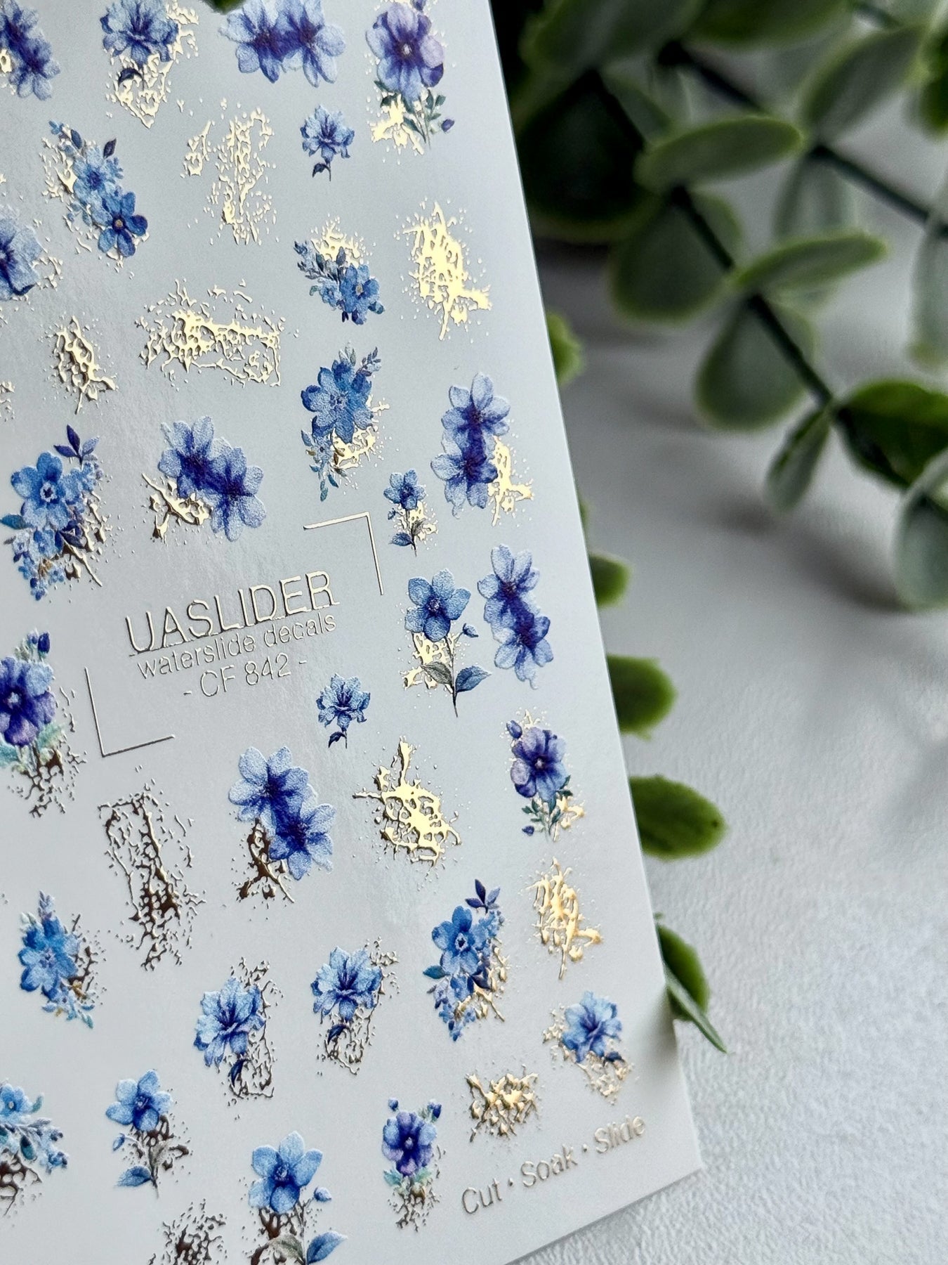 Blue Floral Nail Decals — Watercolor Flowers & Gold Foil | CF-842 - UASLIDER