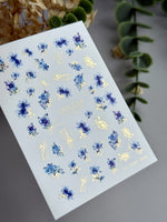 Blue Floral Nail Decals — Watercolor Flowers & Gold Foil | CF-842 - UASLIDER