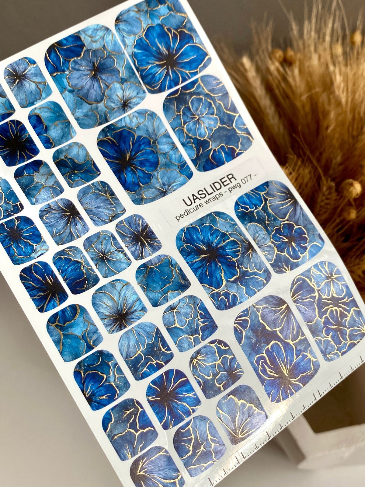 Blue Floral Pedicure Nail Wraps — Gold Foil | pwg-077 - UASLIDER
