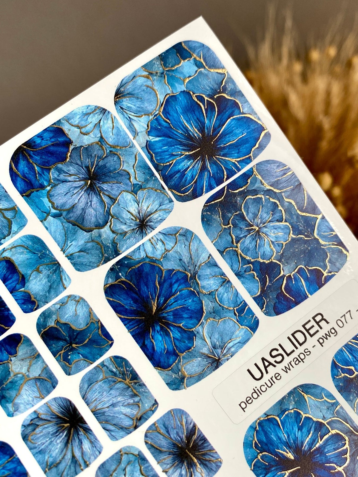 Blue Floral Pedicure Nail Wraps — Gold Foil | pwg-077 - UASLIDER