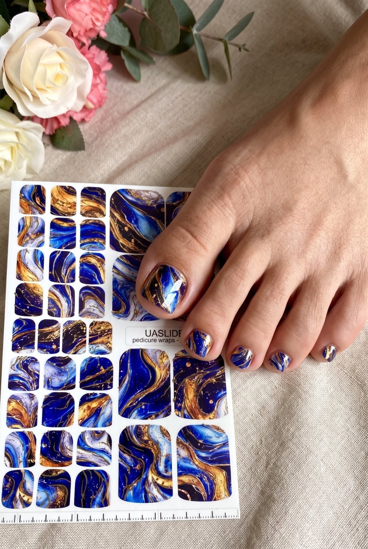 Blue Watercolor Marble Pedicure Wraps — Gold Foil | pwg-045 - UASLIDER