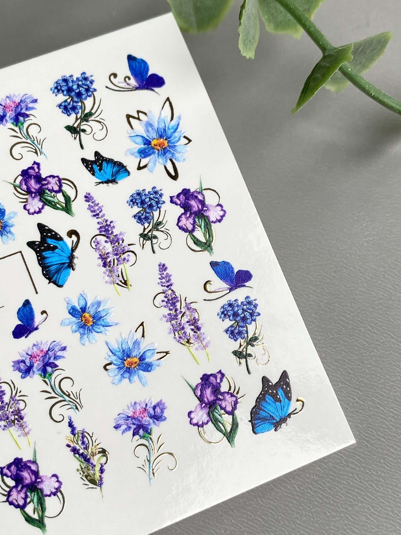 Butterfly Nail Decals — Blue Butterflies, Lavender & Gold Foil | CF - 097 - UASLIDER