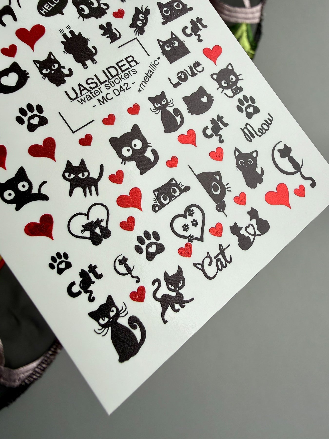 Cat Nail Decals — Black Cats & Red Hearts, Meow | MC-042 - UASLIDER