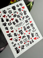 Cat Nail Decals — Black Cats & Red Hearts, Meow | MC-042 - UASLIDER