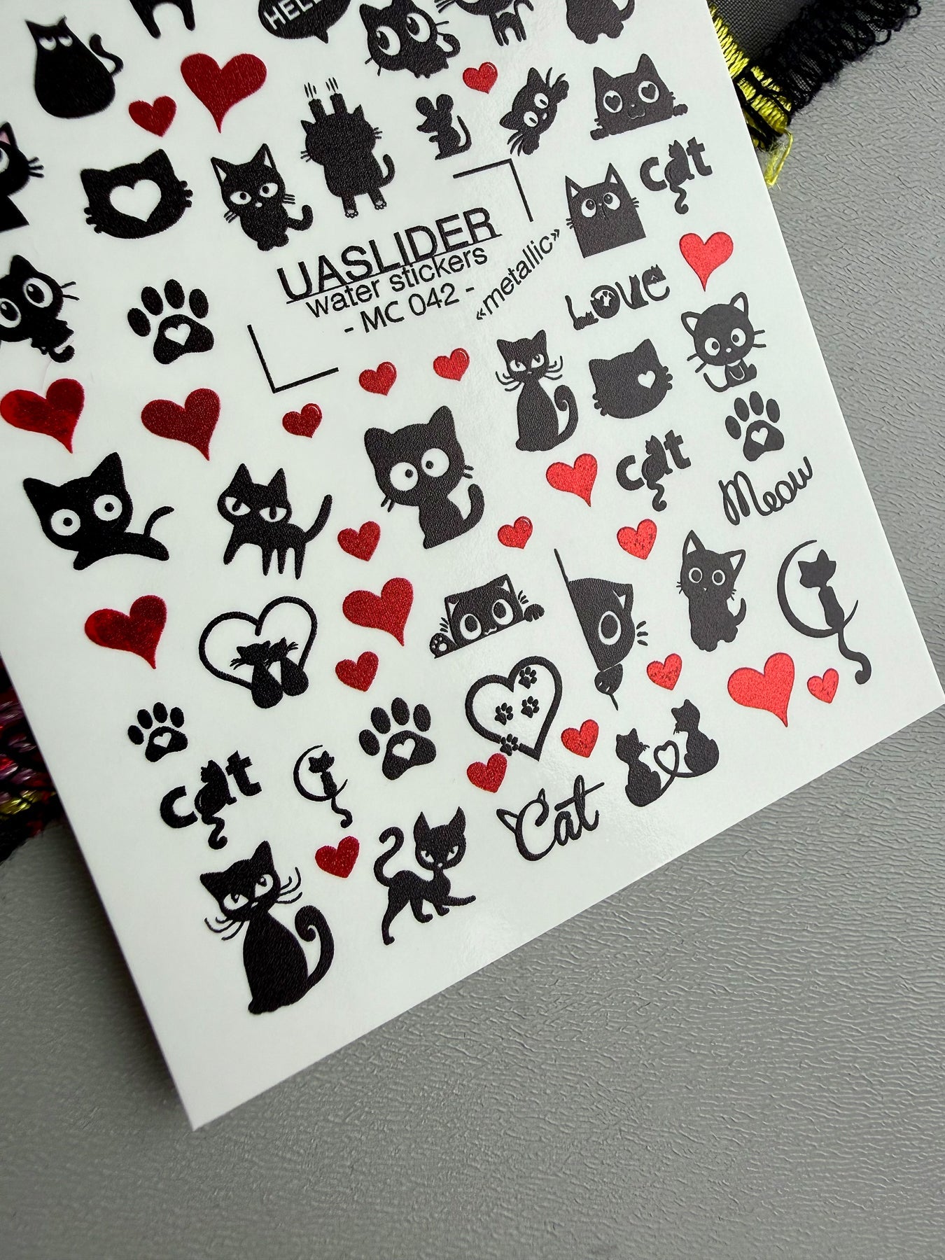 Cat Nail Decals — Black Cats & Red Hearts, Meow | MC-042 - UASLIDER