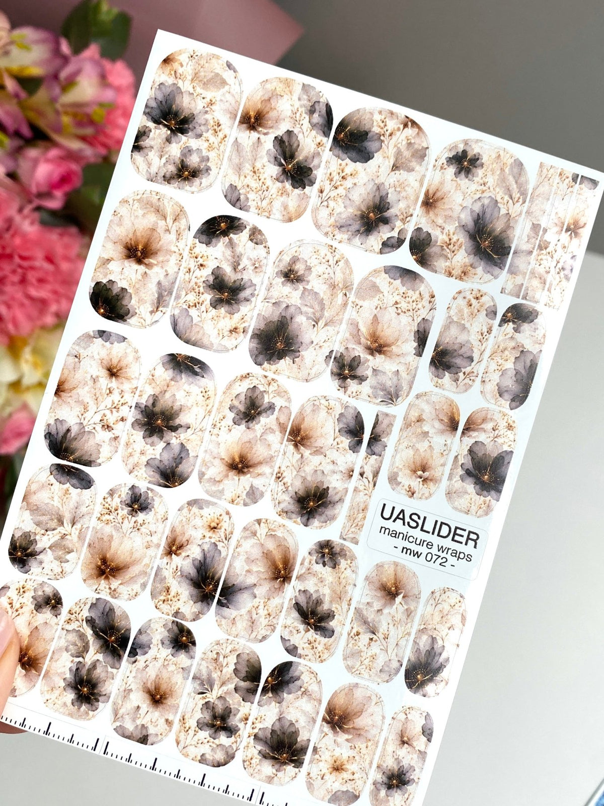 Charcoal Floral Manicure Wraps — Beige Watercolor Flowers | mw-072 - UASLIDER