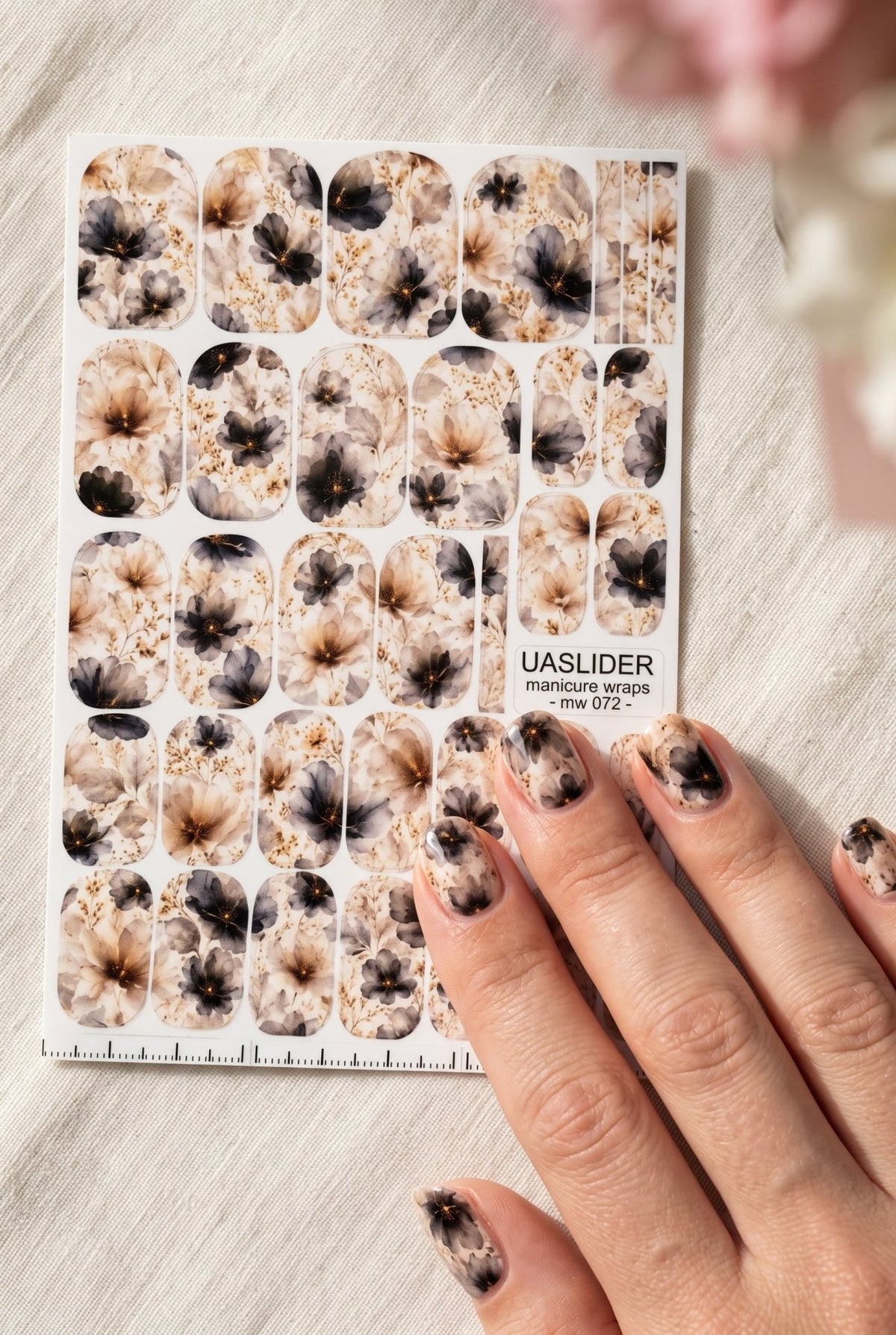 Charcoal Floral Manicure Wraps — Beige Watercolor Flowers | mw-072 - UASLIDER