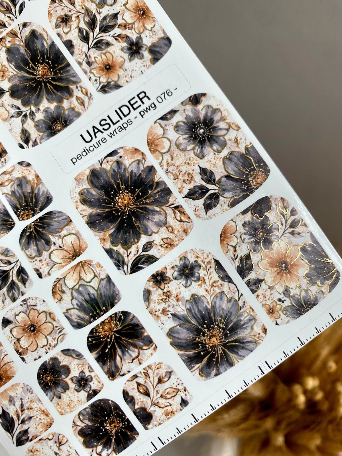 Charcoal Floral Pedicure Wraps — Beige & Gold Foil | pwg-076 - UASLIDER