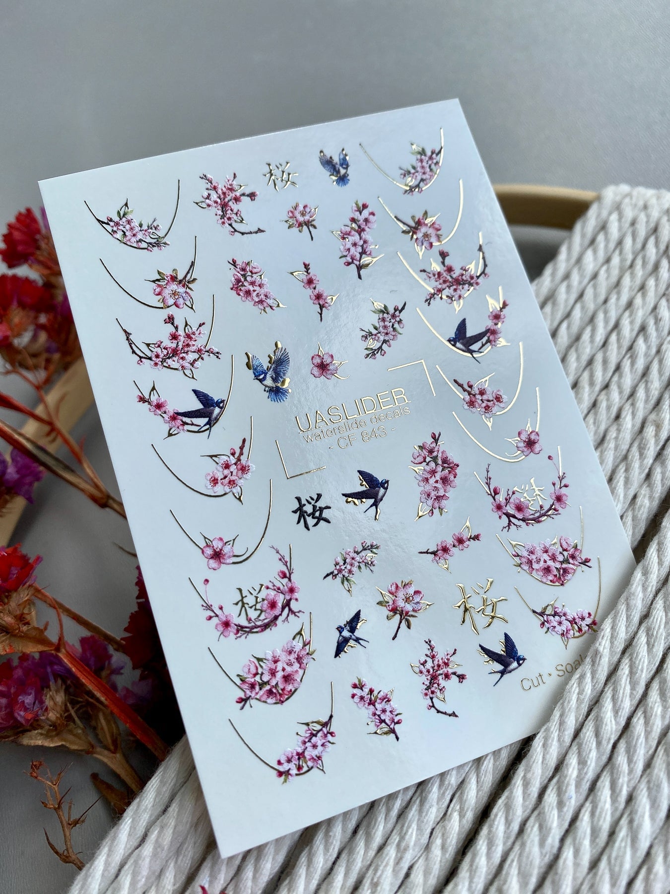 Cherry Blossom Nail Decals — Sakura, Swallows & Gold Foil | CF-843 - UASLIDER