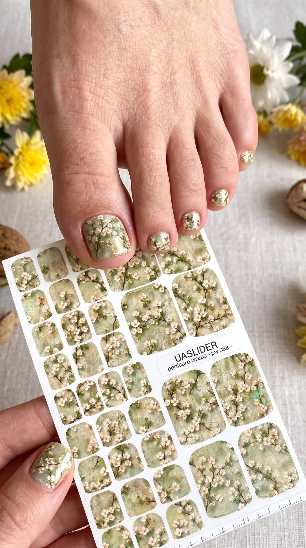 Cherry Blossom Pedicure Nail Wraps — White Blooms on Sage Texture | PW-068 - UASLIDER