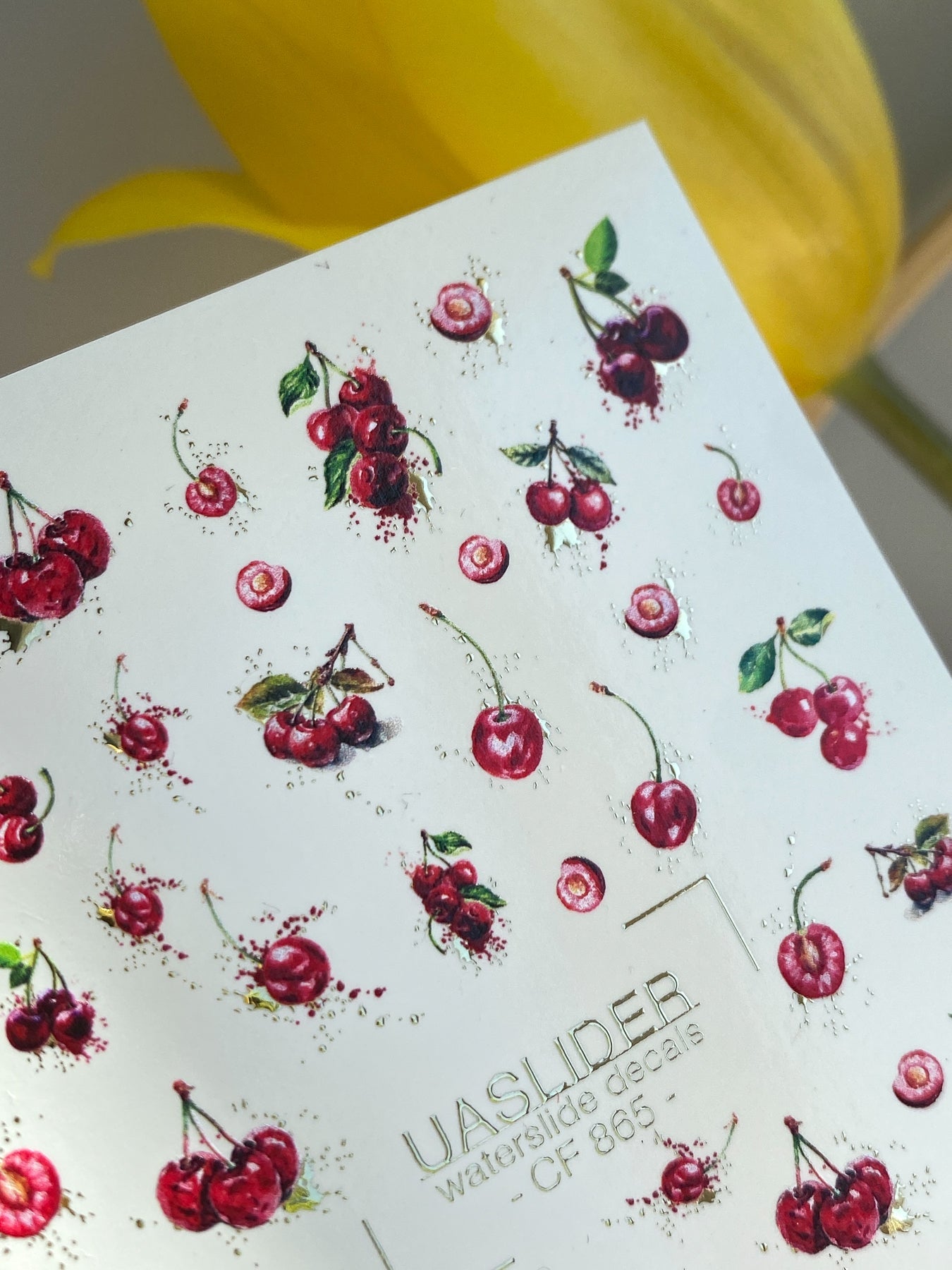 Cherry Nail Decals — Red Cherries with Gold Foil Splashes | CF - 865 - UASLIDER