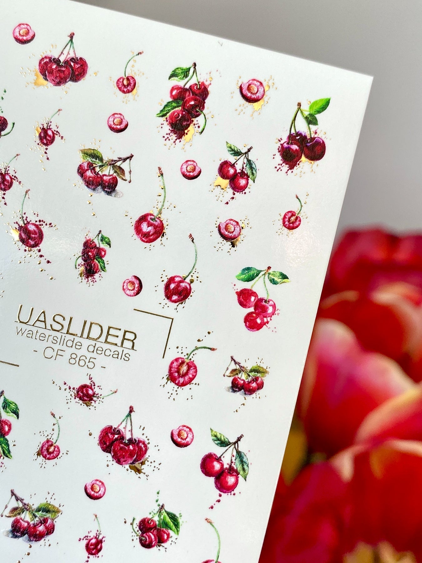 Cherry Nail Decals — Red Cherries with Gold Foil Splashes | CF - 865 - UASLIDER