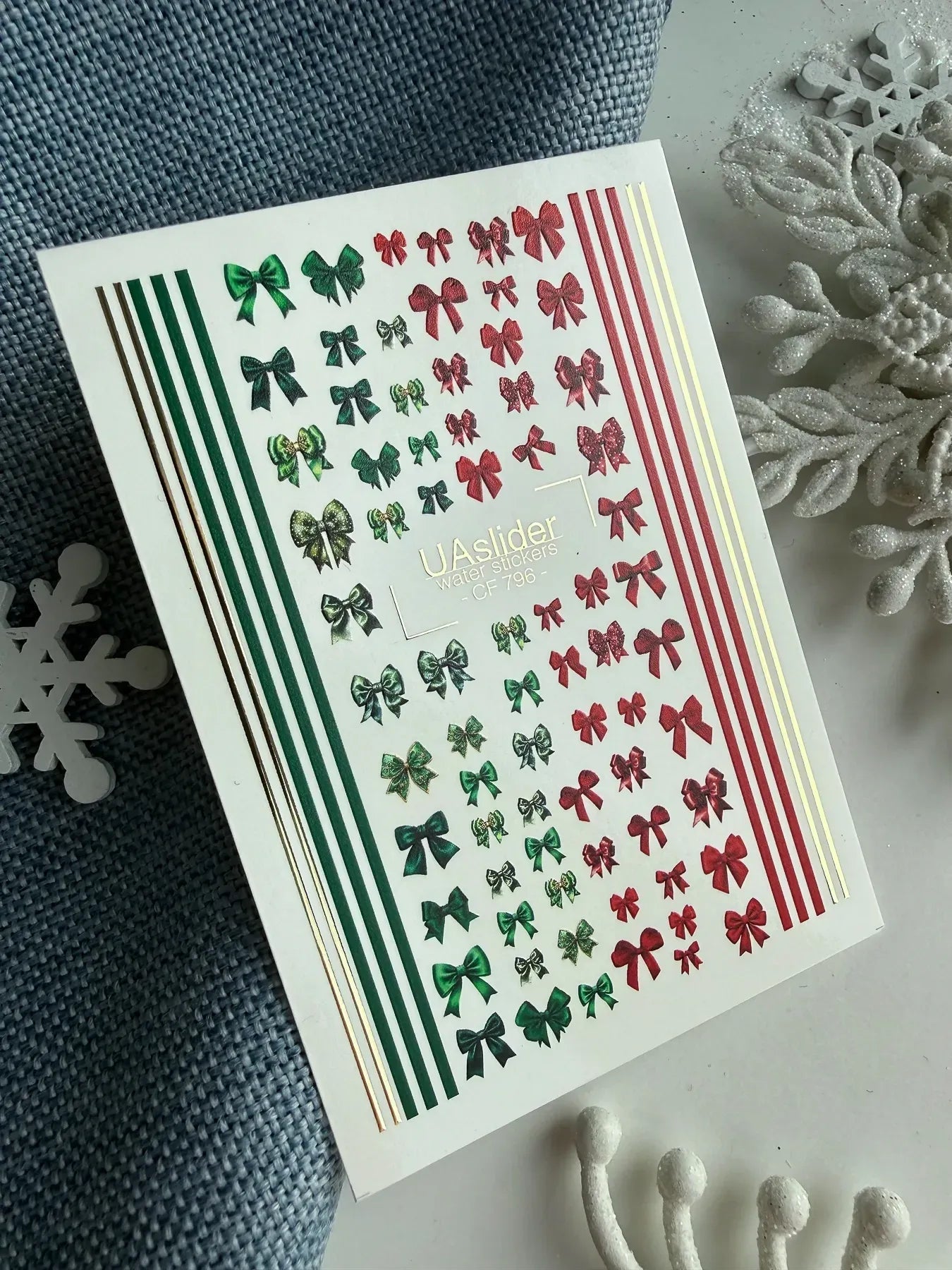 Christmas Bow Nail Decals — Red & Green Bows, Gold Foil Lines | CF - 796 - UASLIDER