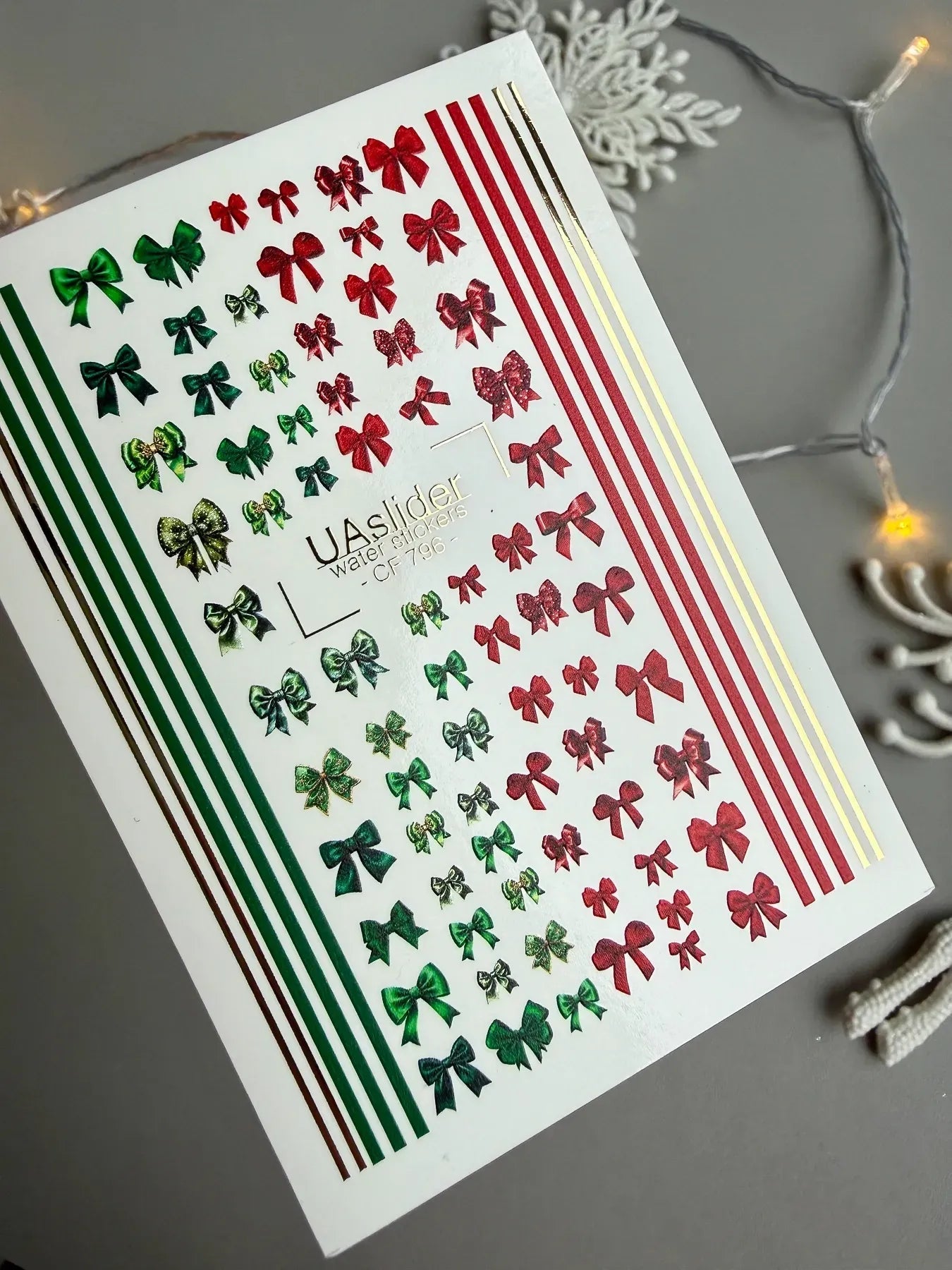 Christmas Bow Nail Decals — Red & Green Bows, Gold Foil Lines | CF - 796 - UASLIDER