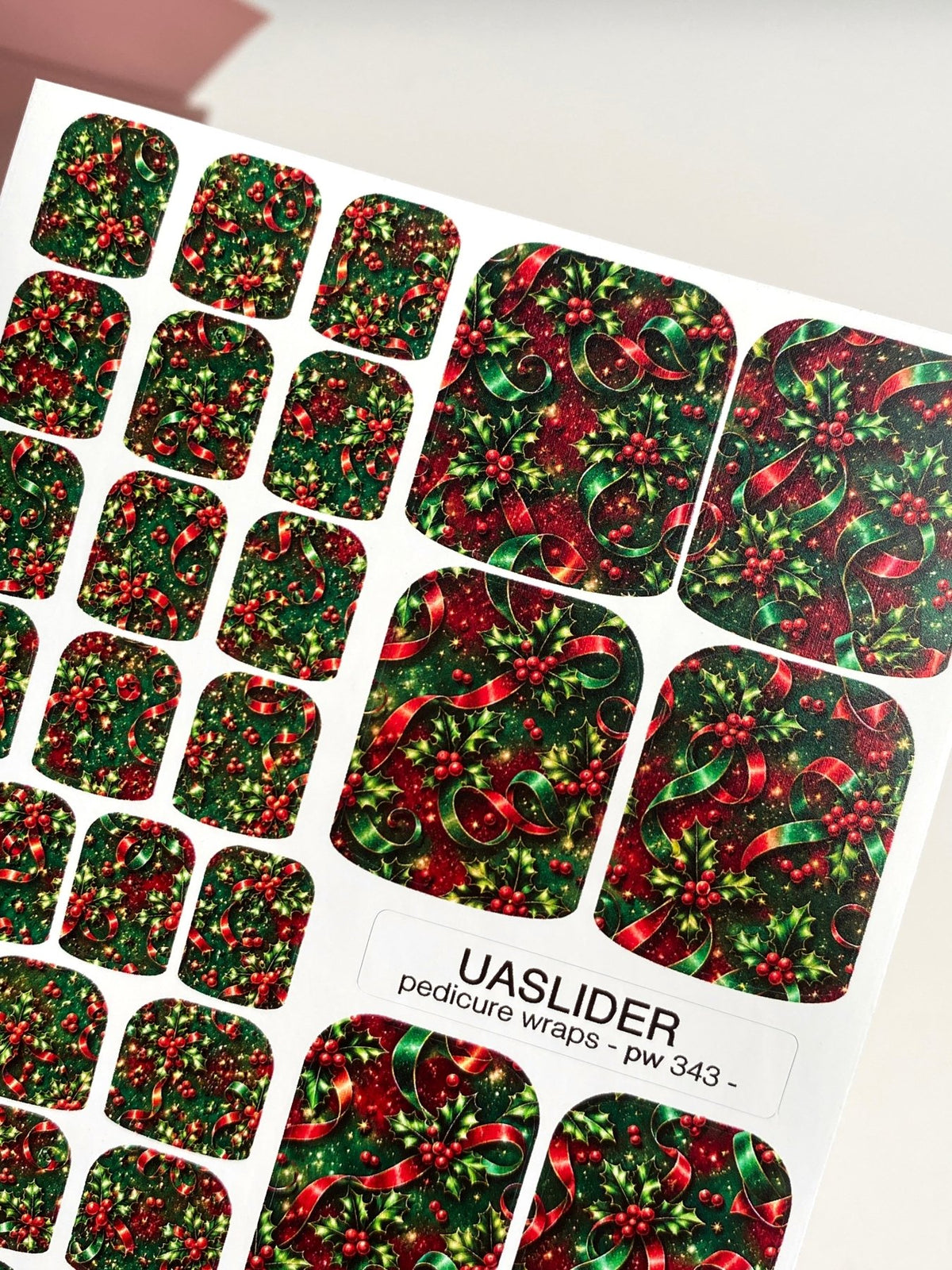 Christmas Holly Pedicure Nail Wraps — Red & Green Ribbons | pw-343 - UASLIDER