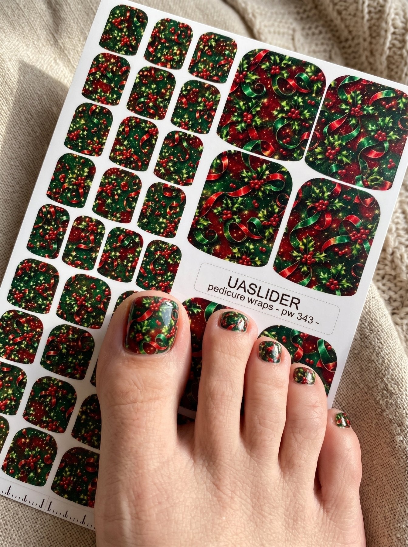 Christmas Holly Pedicure Nail Wraps — Red & Green Ribbons | pw-343 - UASLIDER
