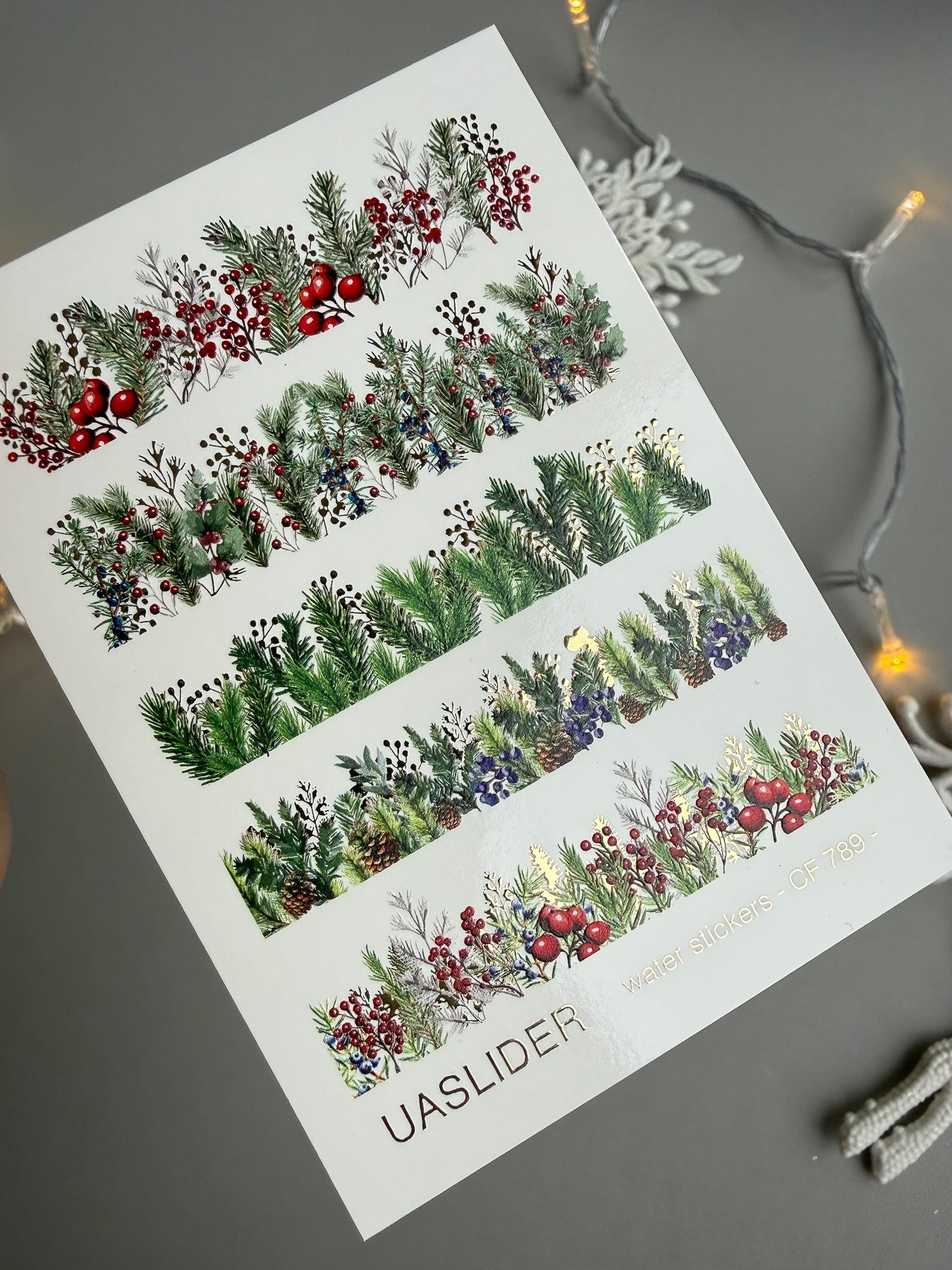 Christmas Nail Decals — Pine & Berry Botanical Strips Gold Foil | CF - 789 - UASLIDER