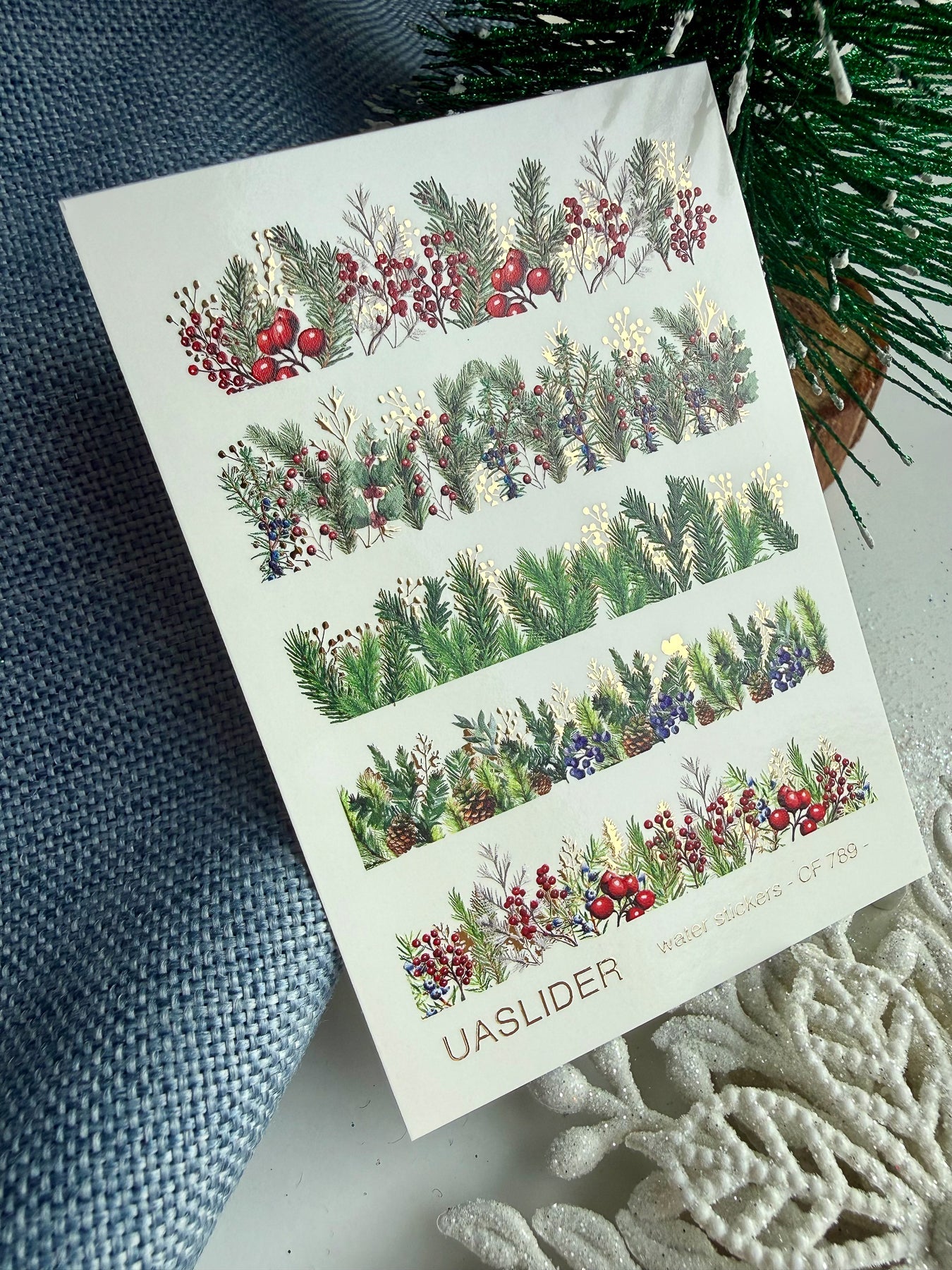 Christmas Nail Decals — Pine & Berry Botanical Strips Gold Foil | CF - 789 - UASLIDER