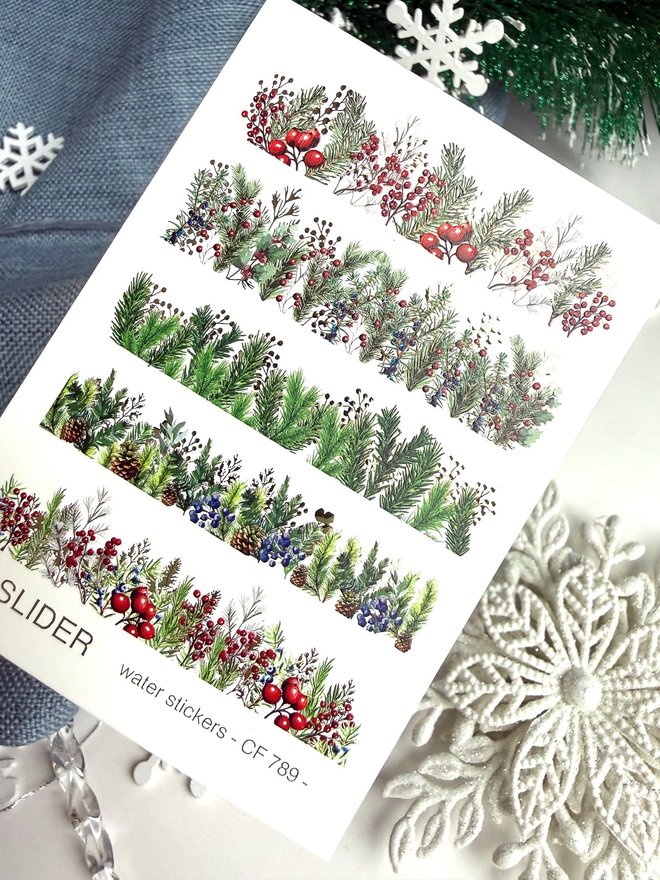 Christmas Nail Decals — Pine & Berry Botanical Strips Gold Foil | CF - 789 - UASLIDER