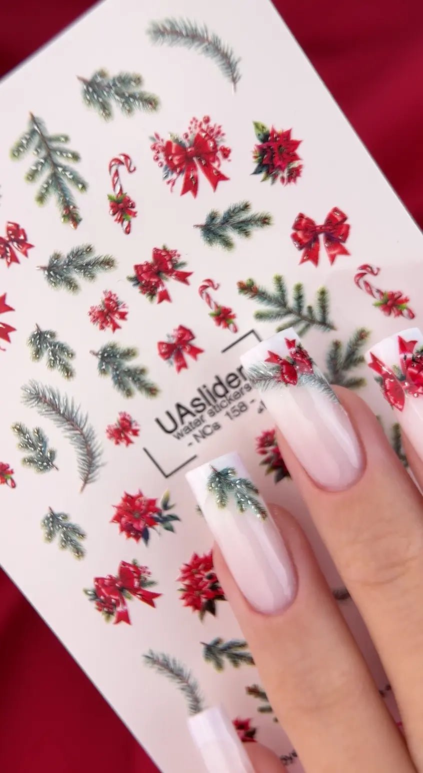 Christmas Nail Decals — Pine Branches Poinsettia Bows No Cut | NCs - 158 - UASLIDER