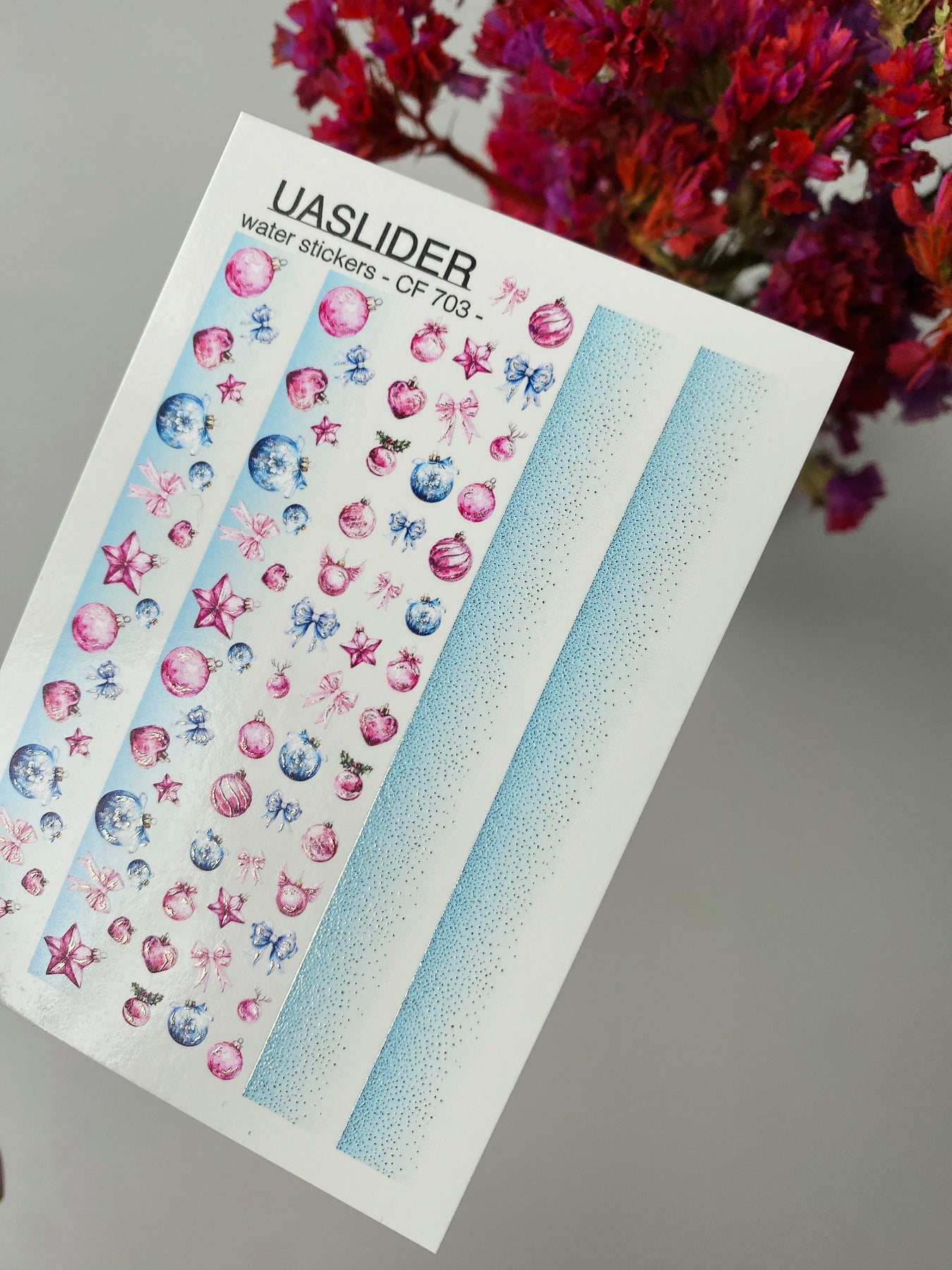 Christmas Nail Decals — Pink & Blue Ornaments, Bows & Gold Foil | CF-703 - UASLIDER