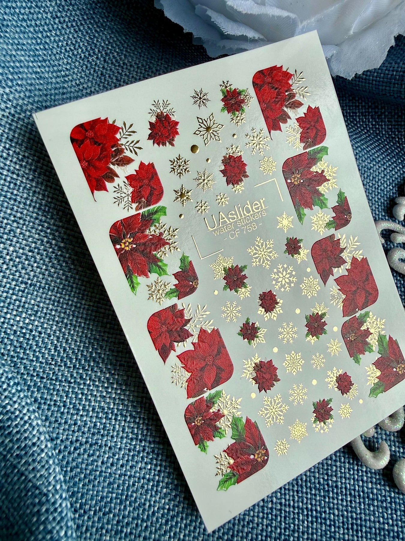 Christmas Nail Decals — Poinsettia Full Nail & Gold Foil Snowflakes | CF-758 - UASLIDER