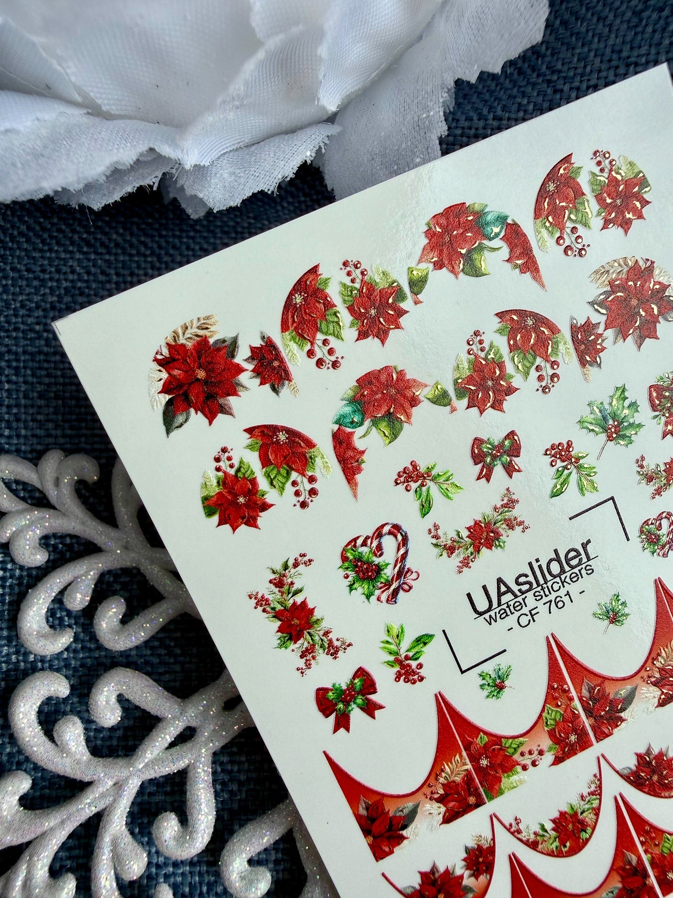 Christmas Nail Decals — Poinsettia & Holly with Gold Foil | CF - 761 - UASLIDER