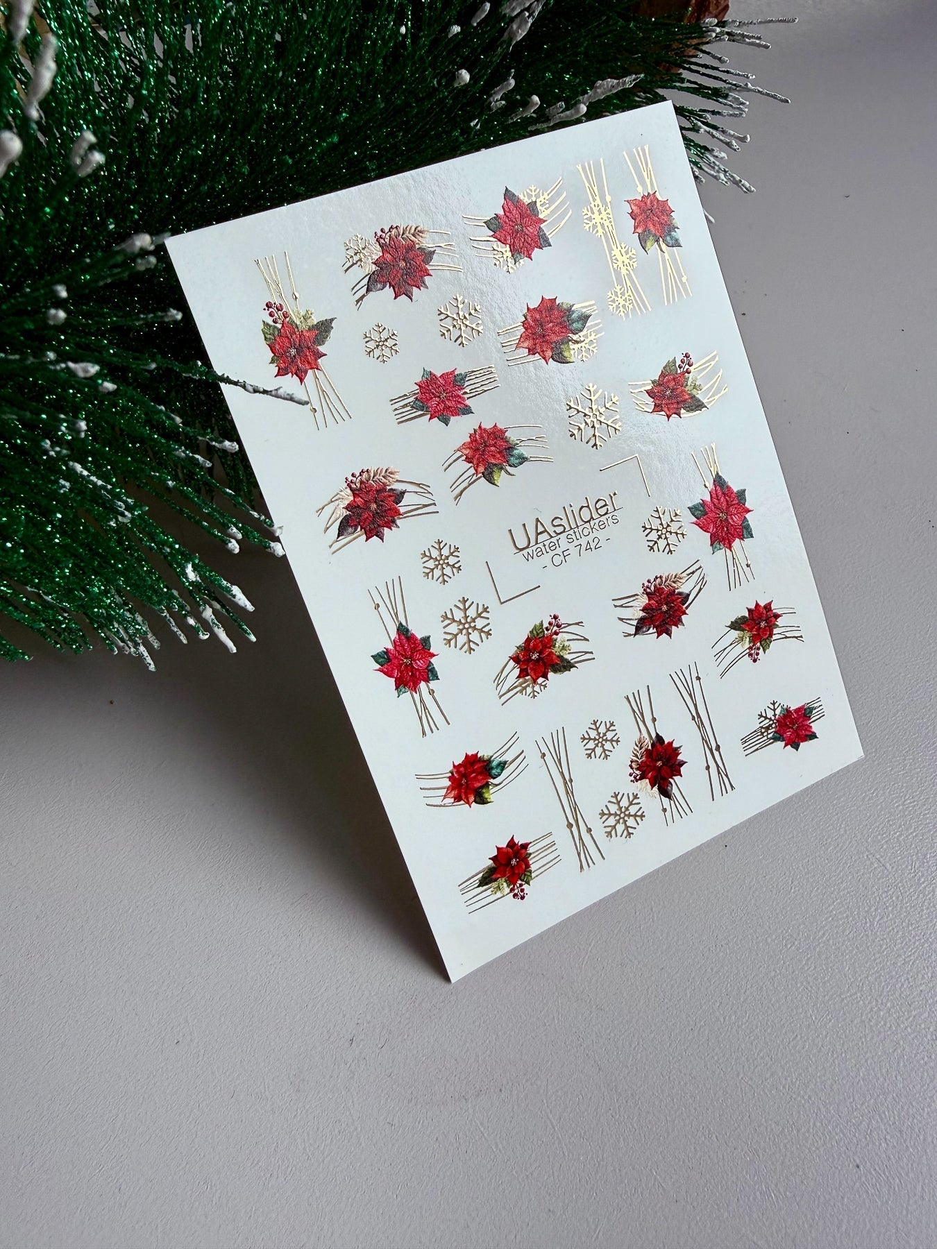 Christmas Nail Decals — Poinsettia, Snowflakes & Gold Foil | CF-742 - UASLIDER
