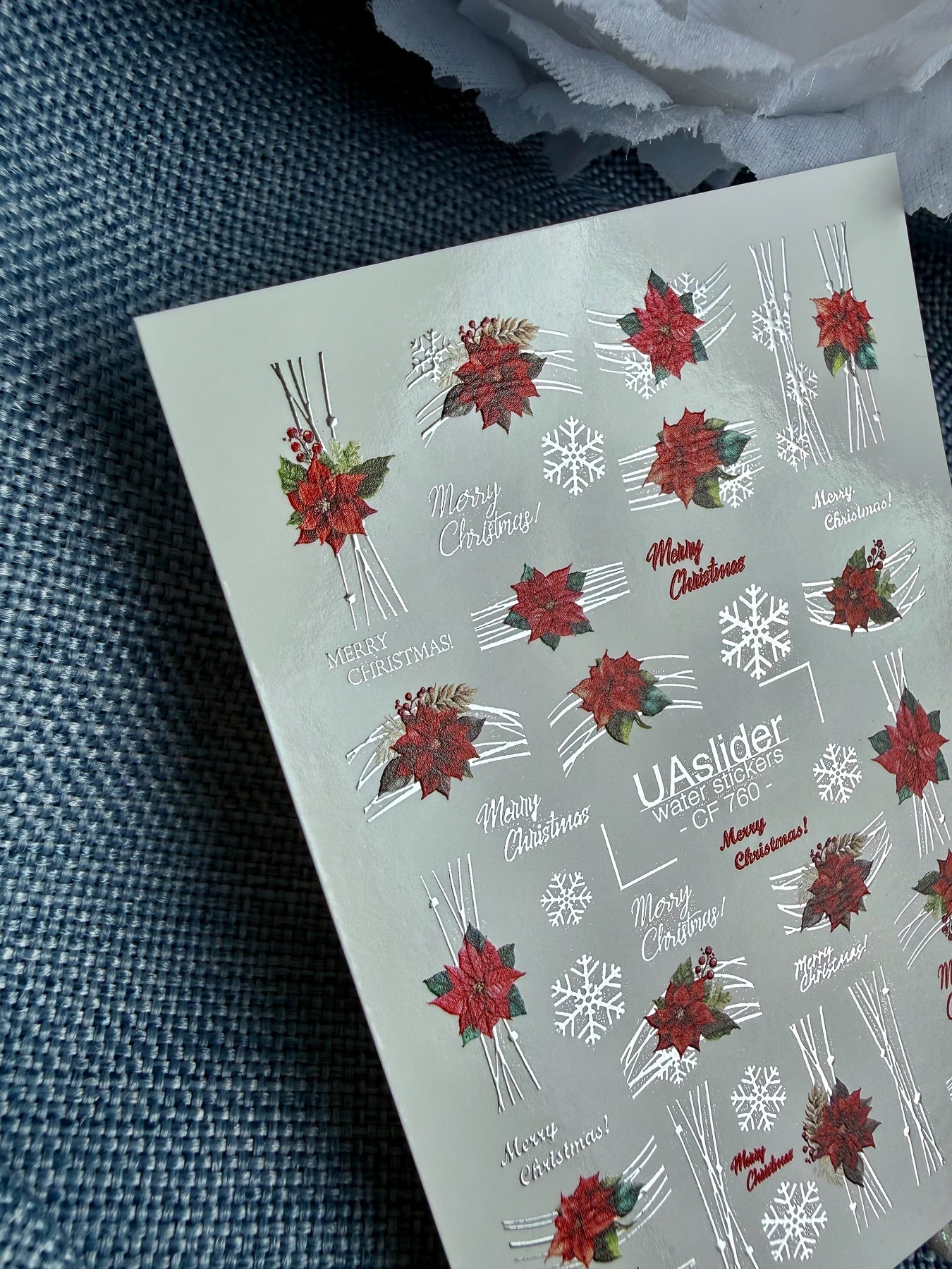 Christmas Nail Decals — Poinsettia, Snowflakes & Silver Foil | CF-760 - UASLIDER