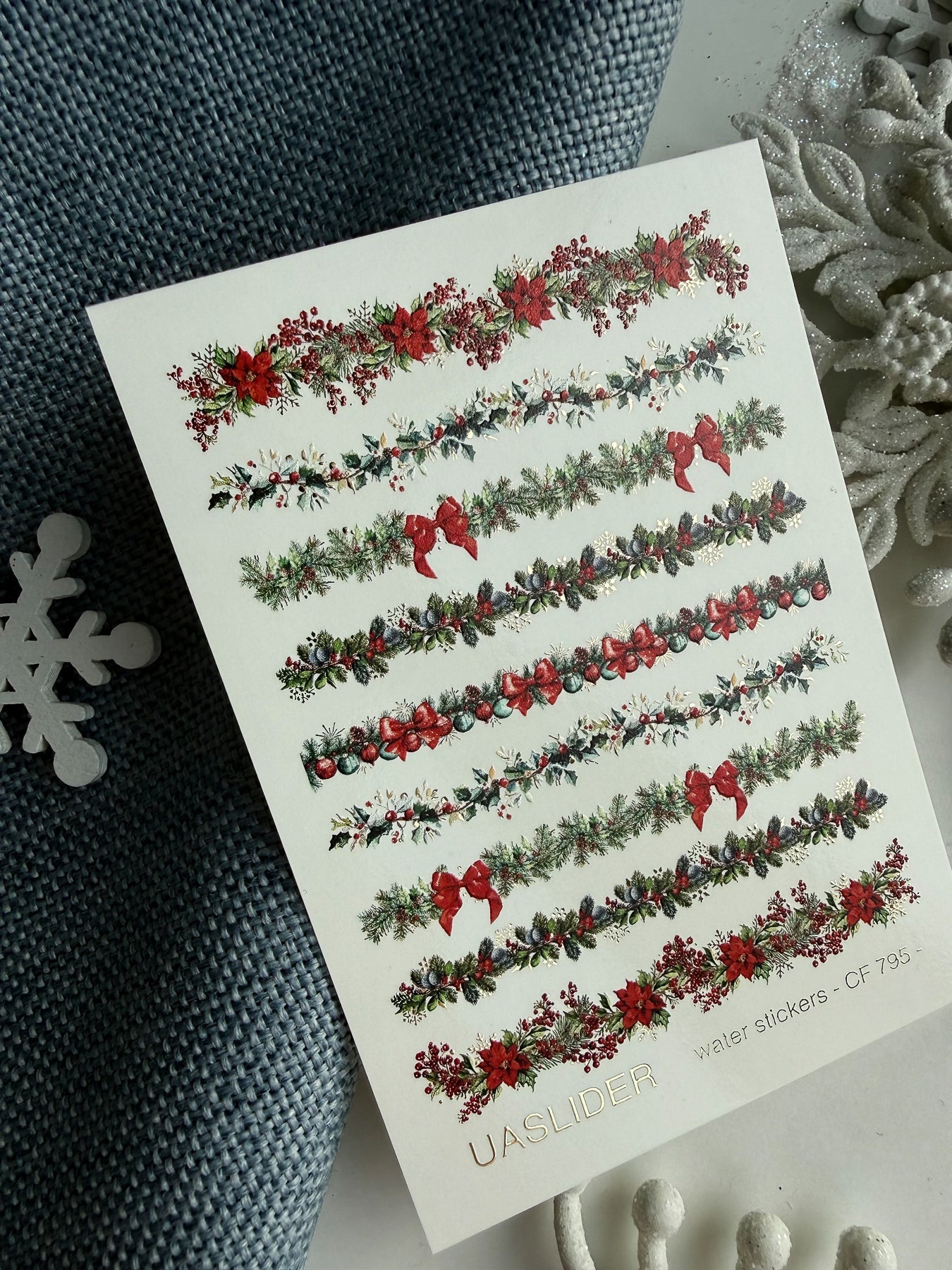 Christmas Nail Decals — Red Garland Strips Holly & Gold Foil | CF - 795 - UASLIDER