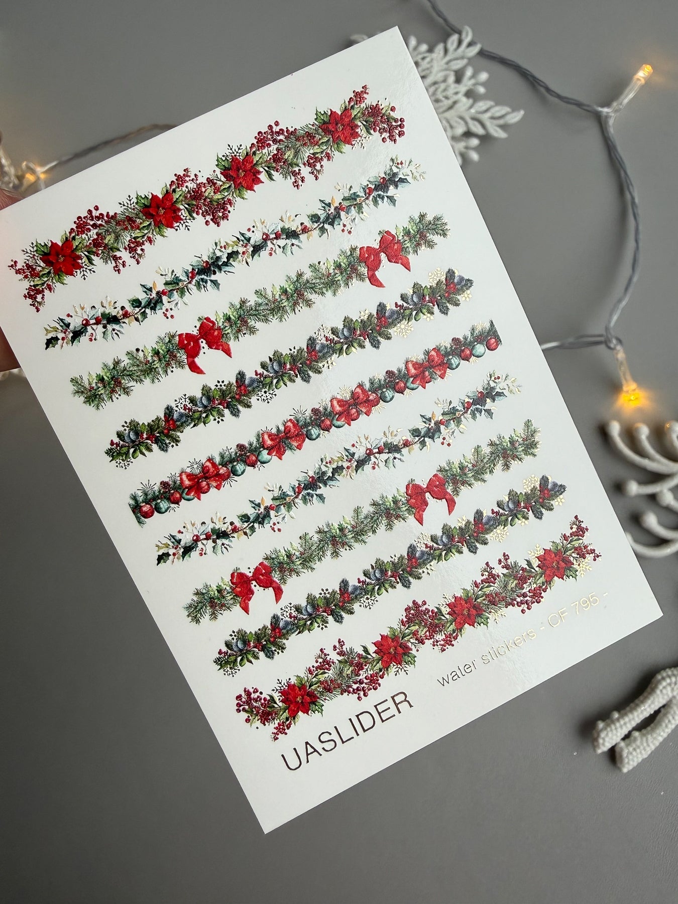 Christmas Nail Decals — Red Garland Strips Holly & Gold Foil | CF - 795 - UASLIDER
