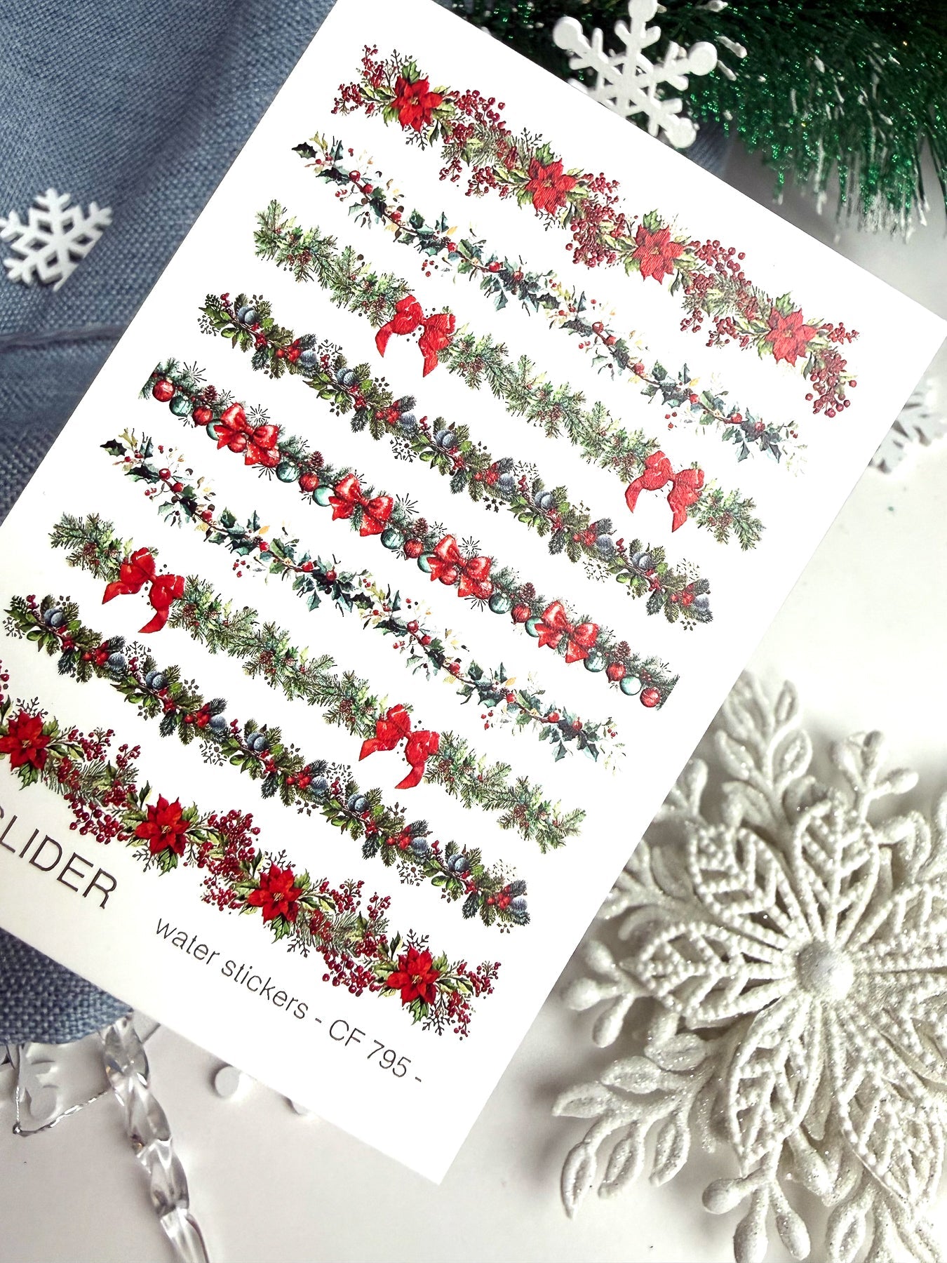 Christmas Nail Decals — Red Garland Strips Holly & Gold Foil | CF - 795 - UASLIDER