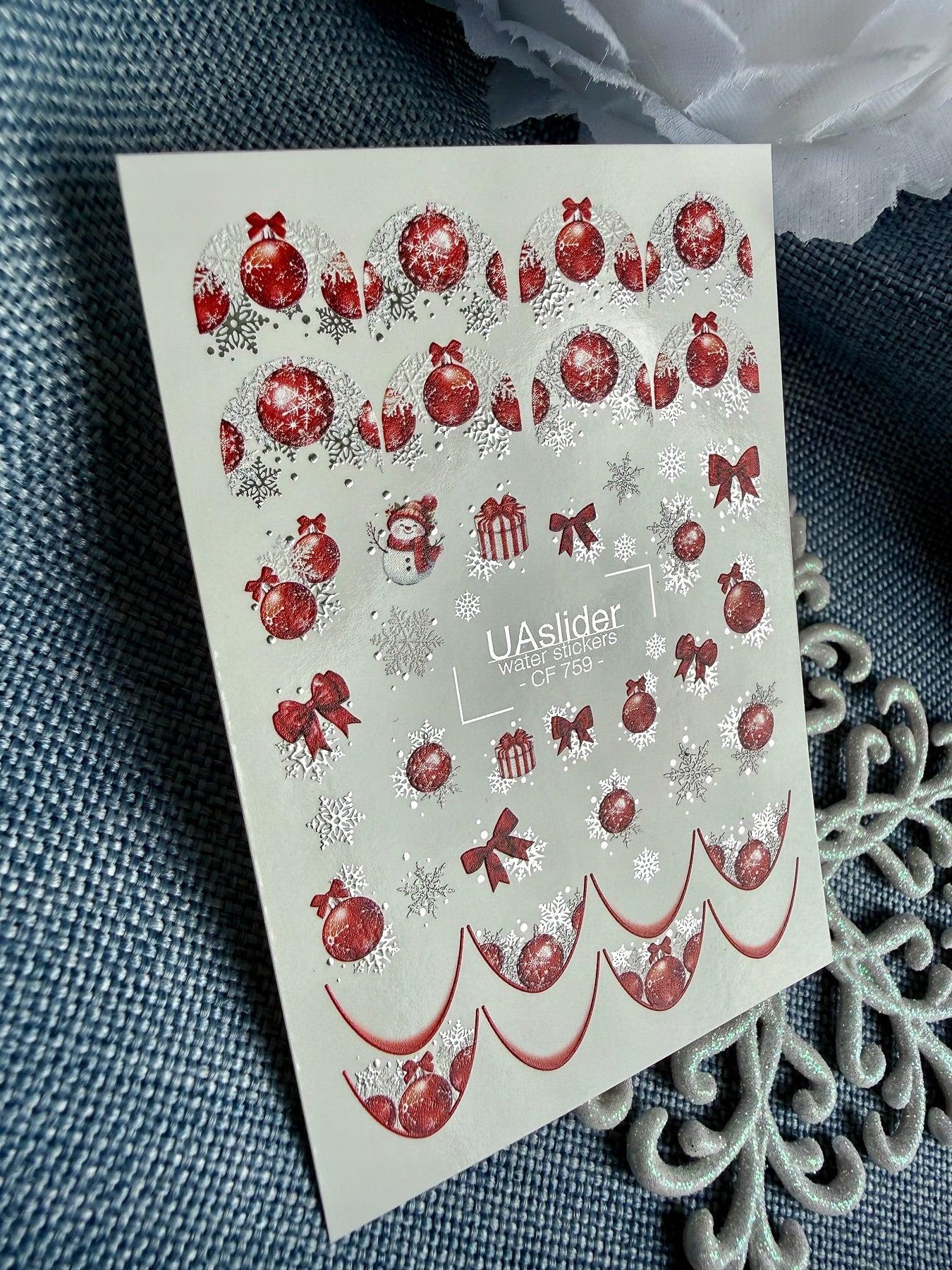 Christmas Nail Decals — Red Ornaments & Silver Foil Snowflakes | CF - 759 - UASLIDER