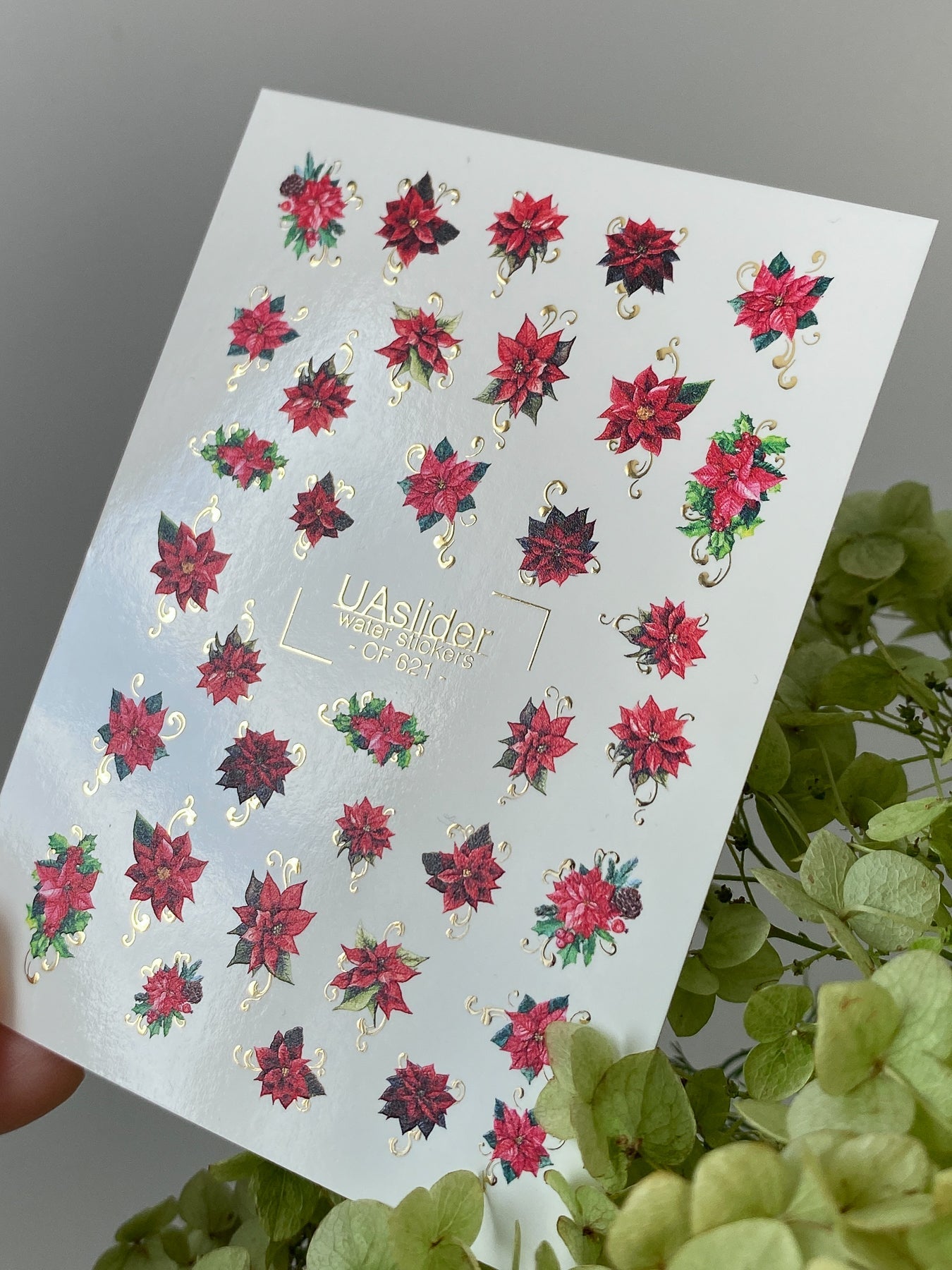 Christmas Nail Decals — Red Poinsettia & Gold Foil Swirls | CF-621 - UASLIDER