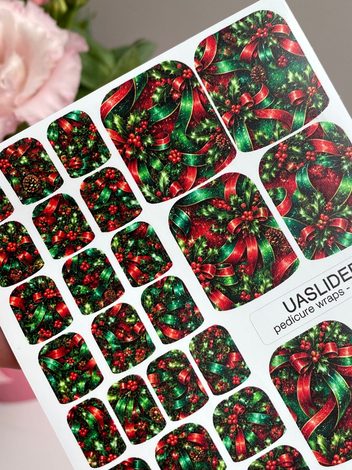Christmas Pedicure Nail Wraps — Holly, Ribbons & Berries | pw-352 - UASLIDER