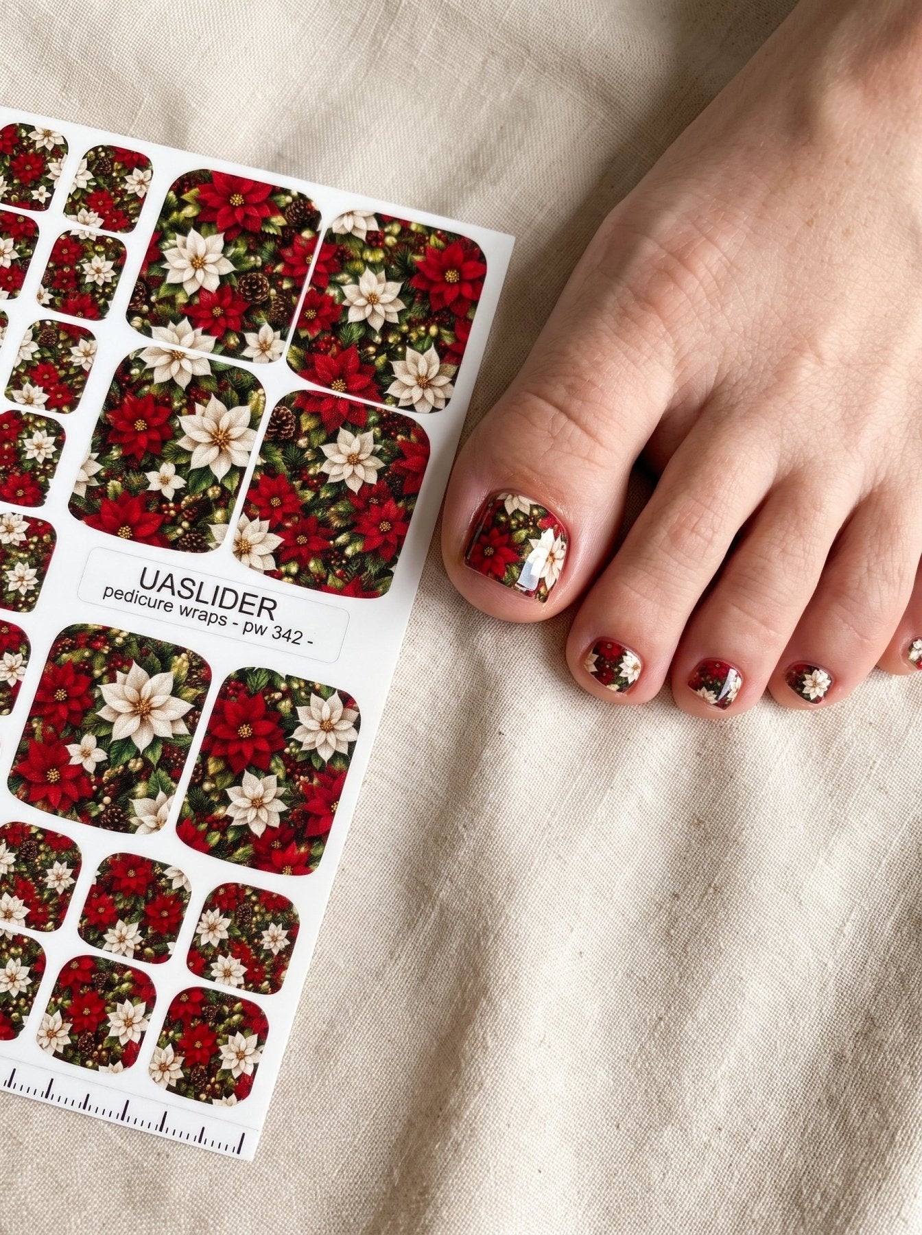 Christmas Poinsettia Pedicure Wraps — Red & Ivory | pw-342 - UASLIDER