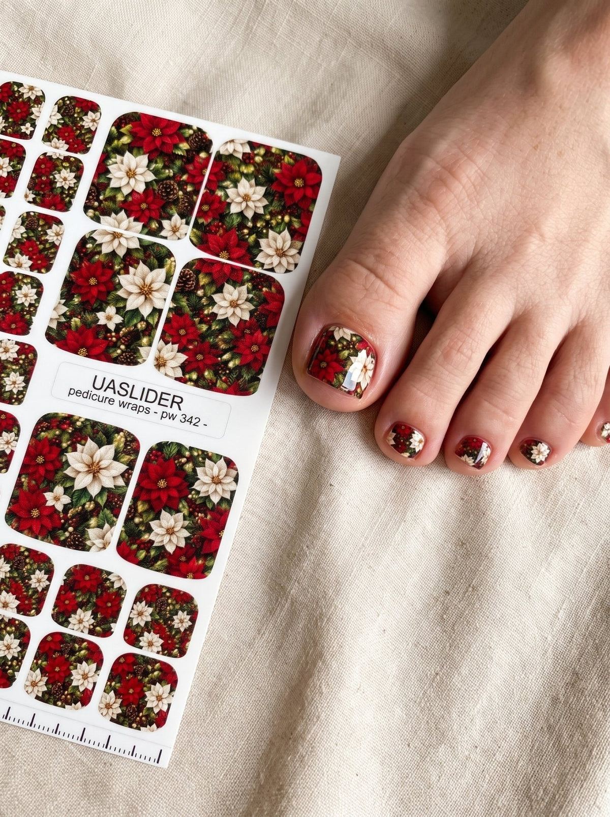 Christmas Poinsettia Pedicure Wraps — Red & Ivory | pw-342 - UASLIDER