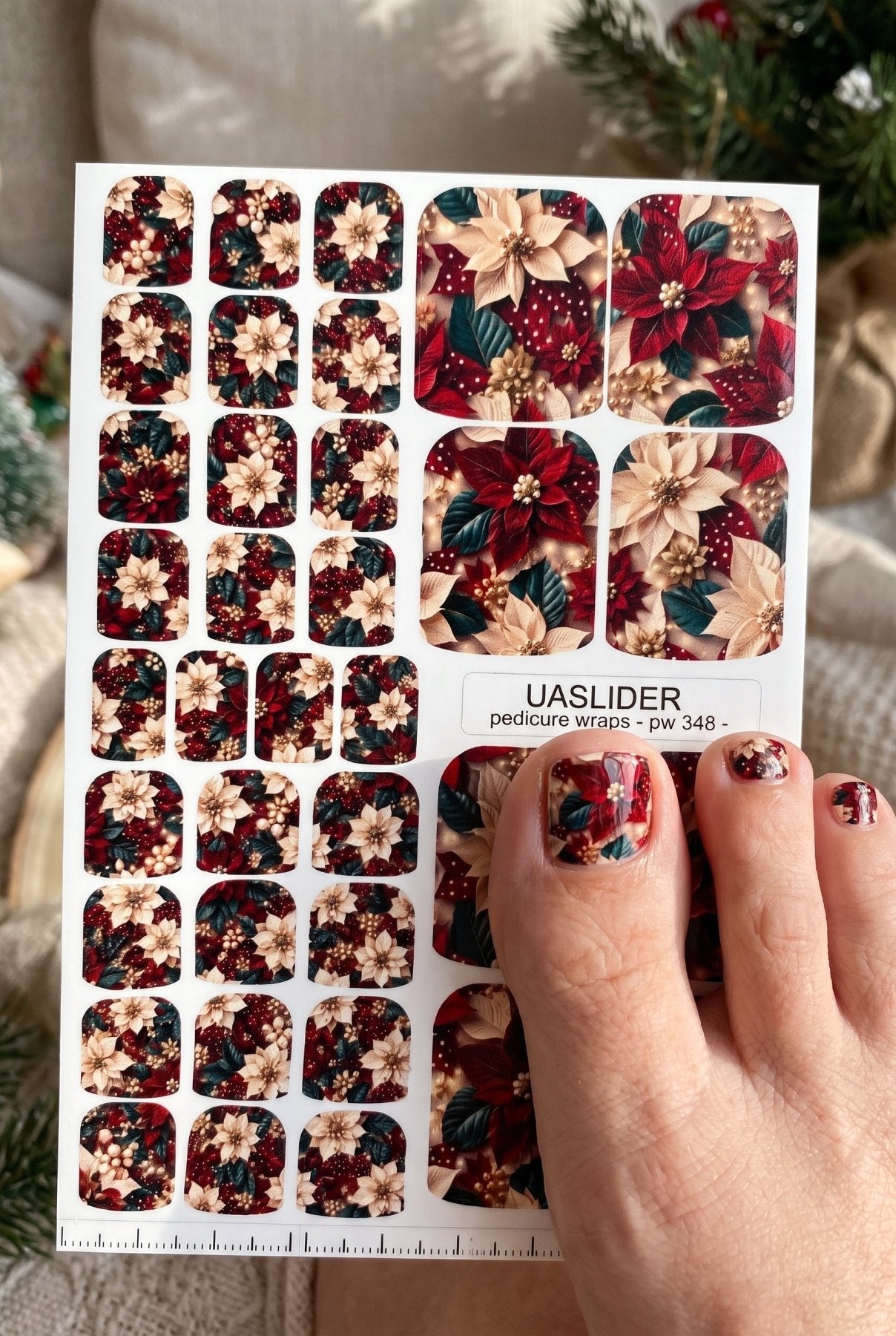 Christmas Poinsettia Pedicure Wraps — Red & Ivory | pw-348 - UASLIDER
