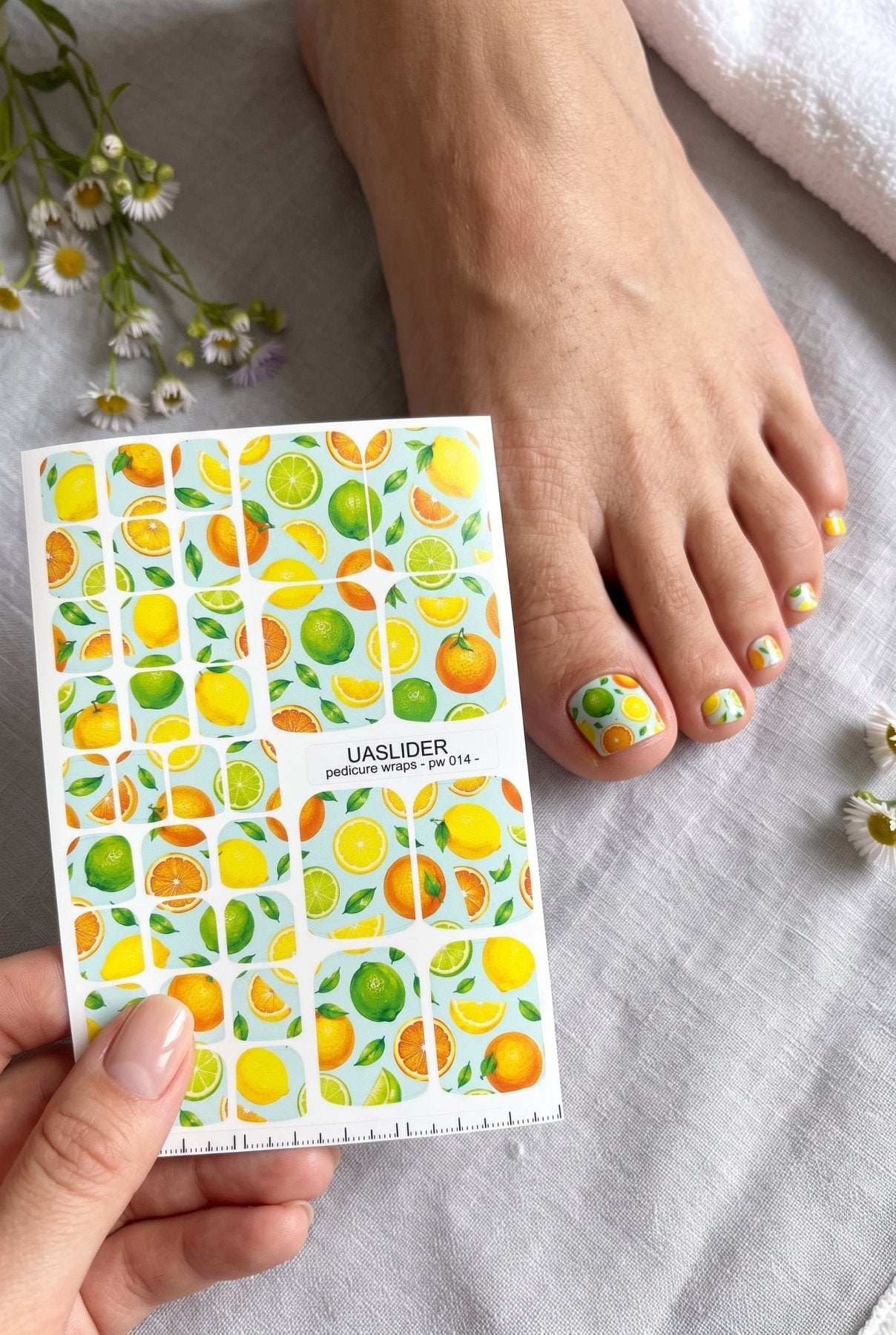 Citrus Pedicure Nail Wraps — Lemon, Lime & Orange on Mint | PW-014 - UASLIDER