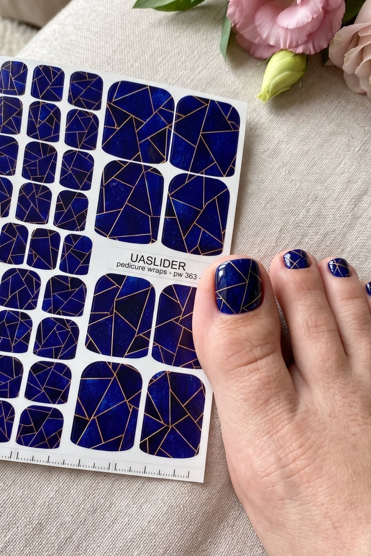 Cobalt Geometric Pedicure Wraps — Golden Yellow Lines | pw-363 - UASLIDER