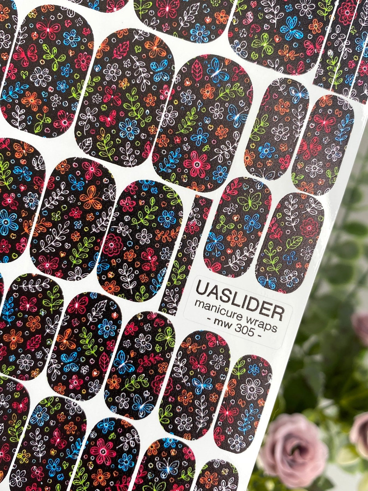 Colorful Doodle Flowers Manicure Wraps — Black | mw-305 - UASLIDER