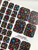 Colorful Floral Pedicure Wraps — Doodle Flowers on Black | pw-305 - UASLIDER
