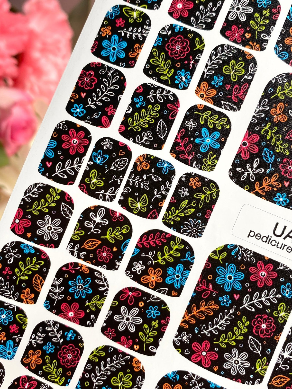 Colorful Floral Pedicure Wraps — Doodle Flowers on Black | pw-305 - UASLIDER