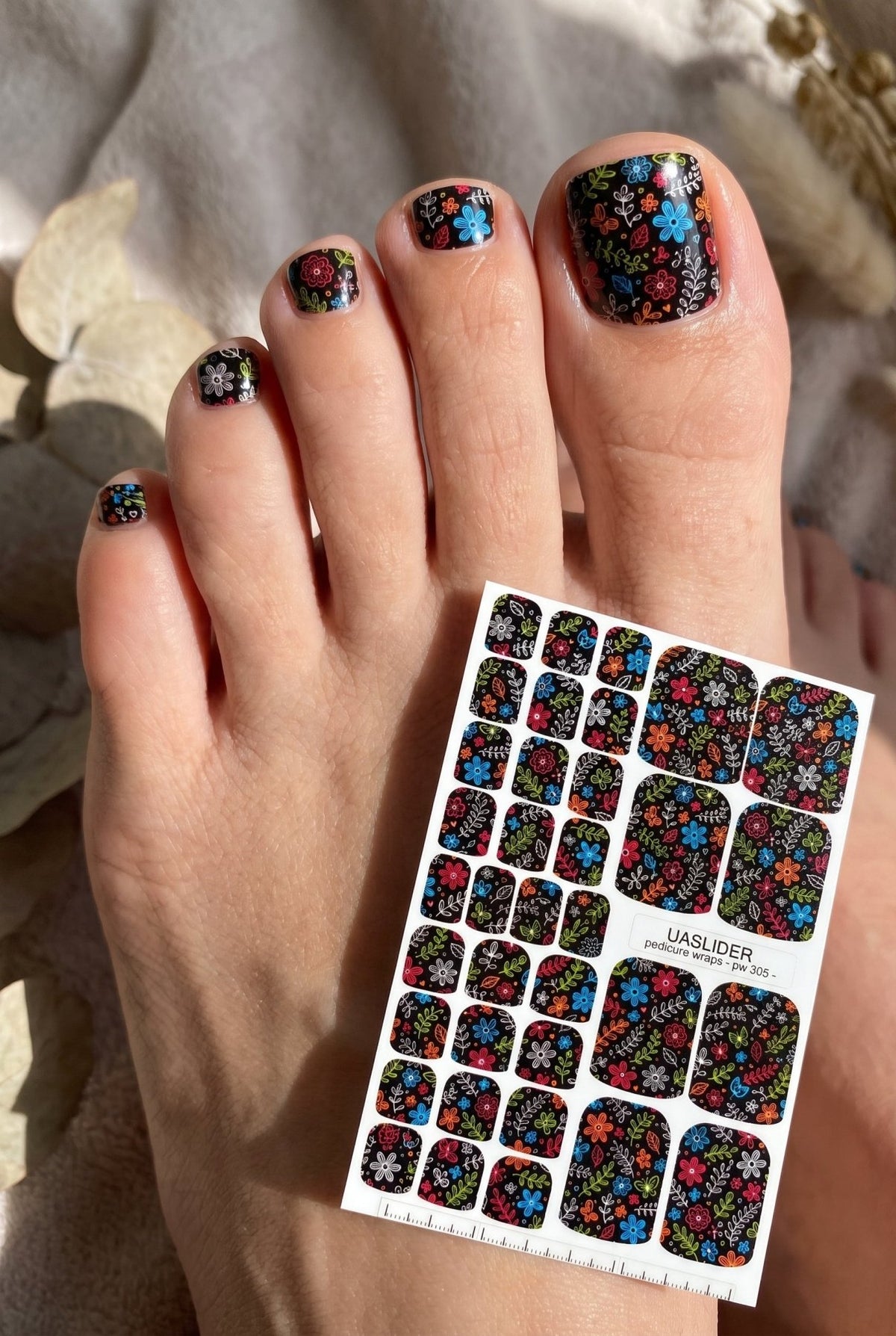 Colorful Floral Pedicure Wraps — Doodle Flowers on Black | pw-305 - UASLIDER