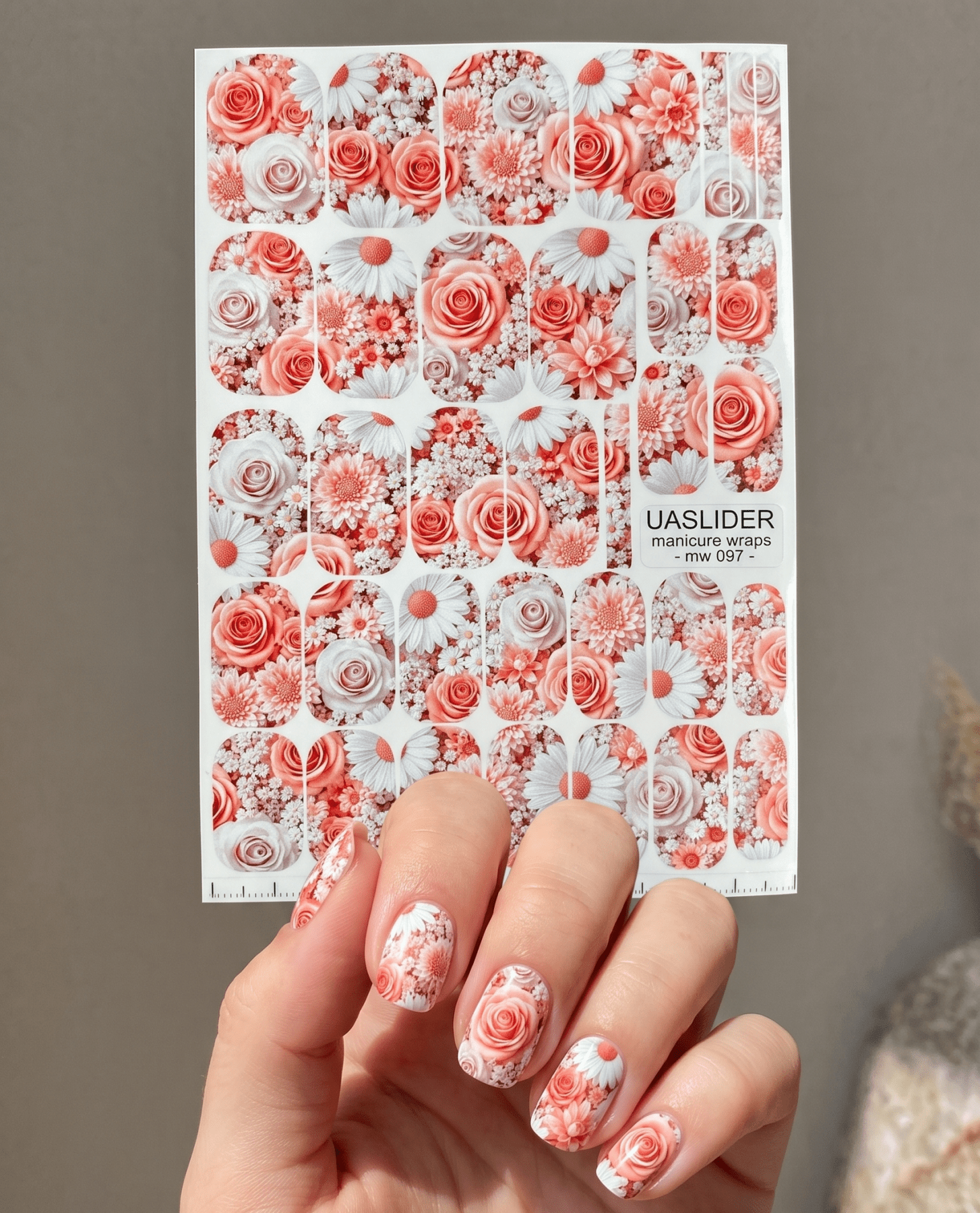 Coral Rose Manicure Wraps — Daisies & Mixed Florals | mw-097 - UASLIDER