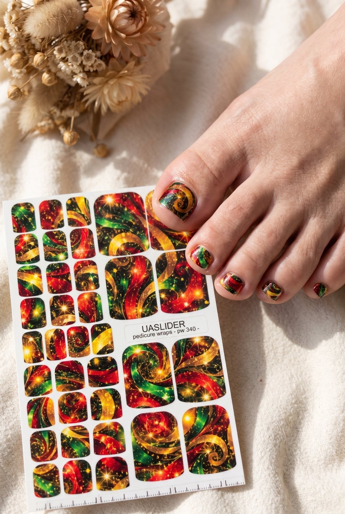 Cosmic Swirl Pedicure Wraps — Red, Green & Golden Yellow | pw-340 - UASLIDER