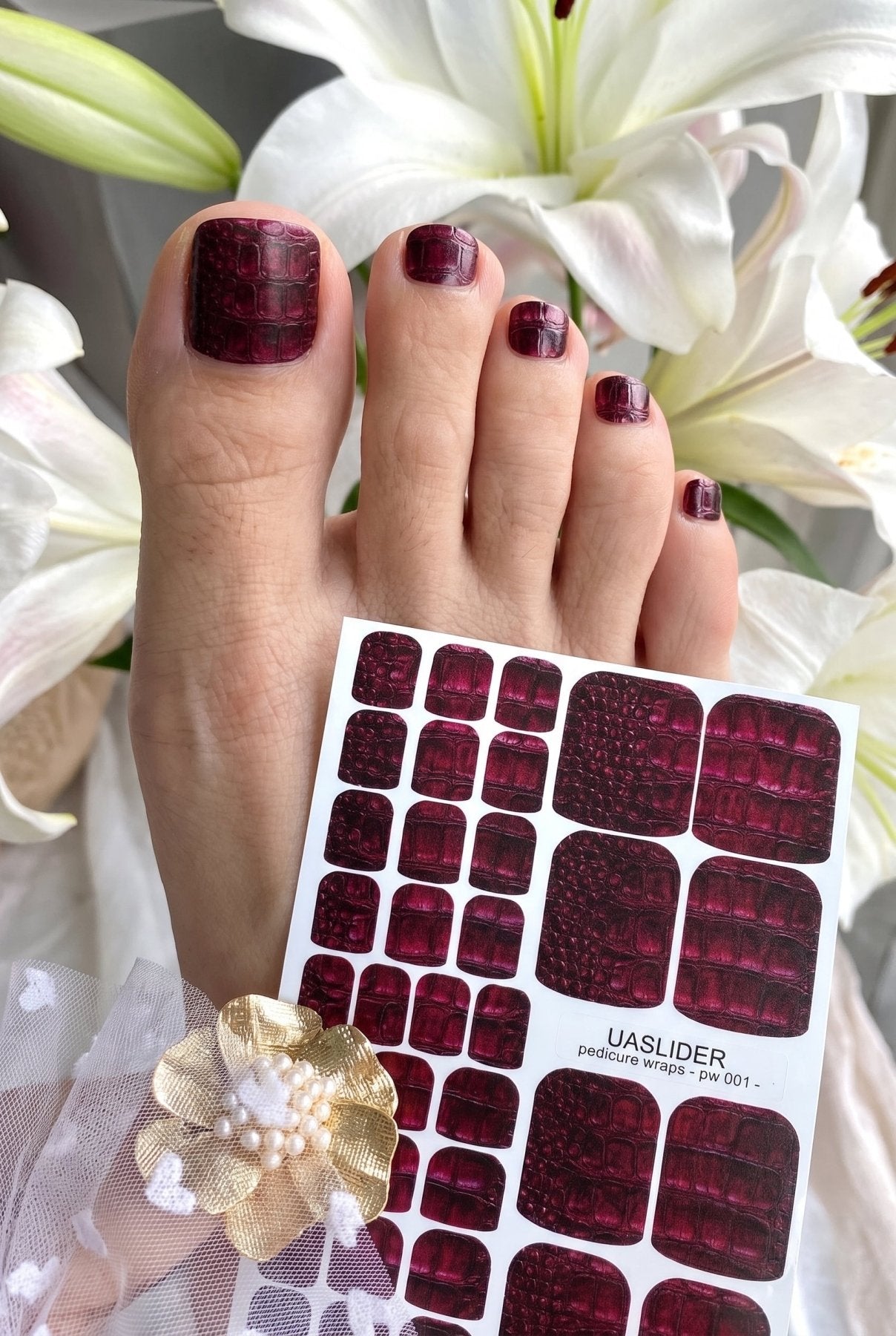 Crocodile Skin Pedicure Nail Wraps — Deep Burgundy Texture | PW-001 - UASLIDER