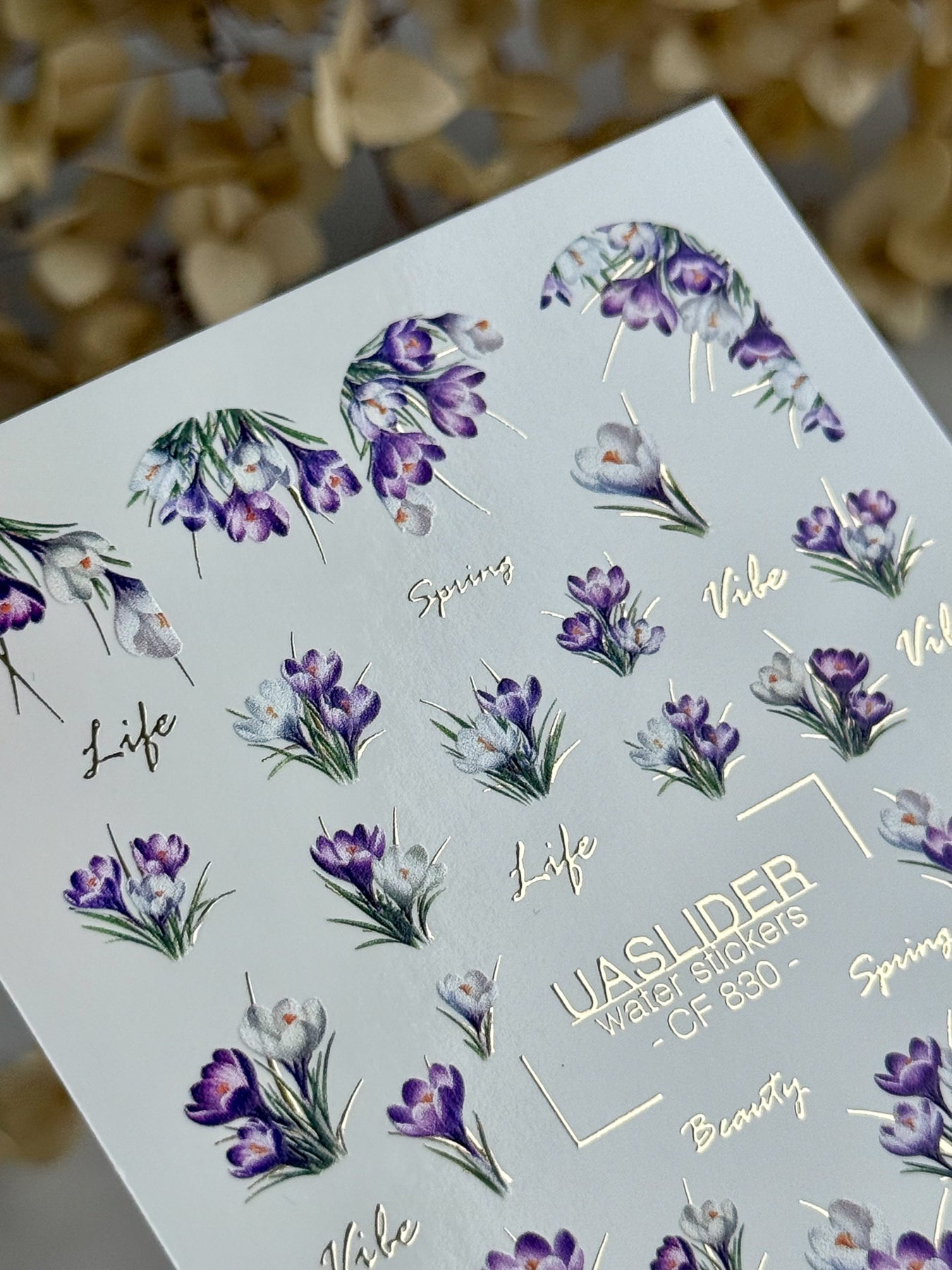 Crocus Nail Decals — Purple Spring Flowers & Gold Foil Script | CF - 830 - UASLIDER