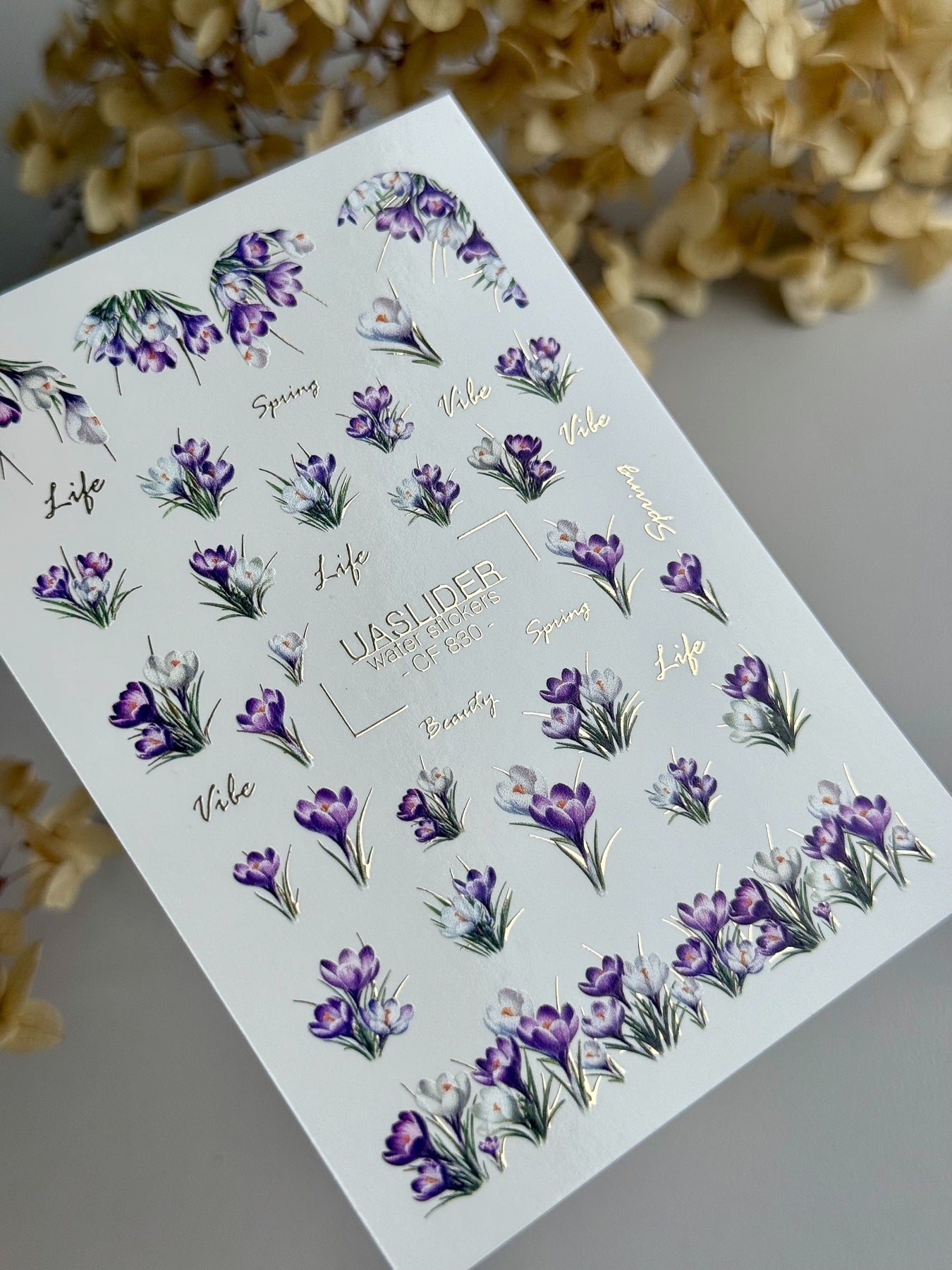 Crocus Nail Decals — Purple Spring Flowers & Gold Foil Script | CF - 830 - UASLIDER